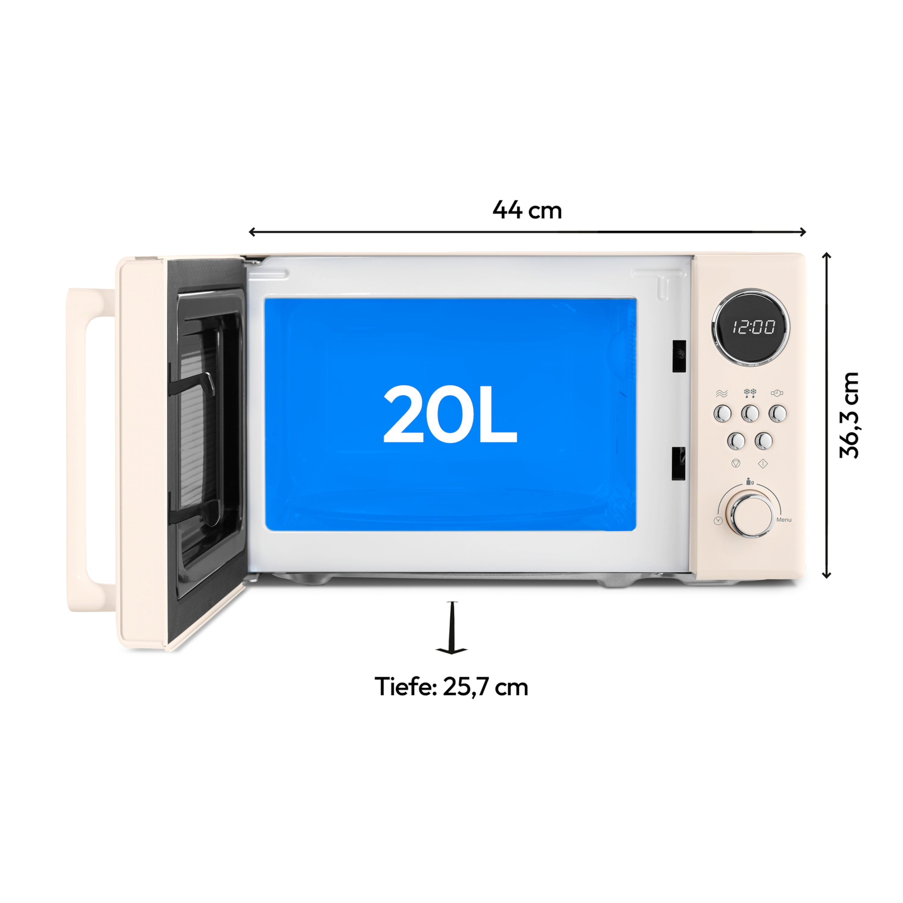 Kuchenka mikrofalowa z otwartymi drzwiami. Wymiary w centymetrach.