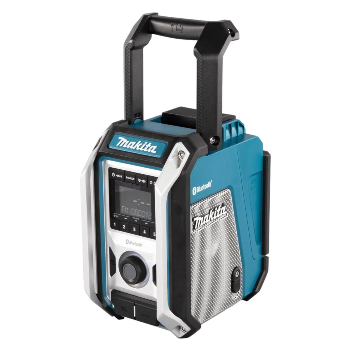 Turkusowo-czarne radio Makita z uchwytem. Posiada ekran, przyciski i Bluetooth.