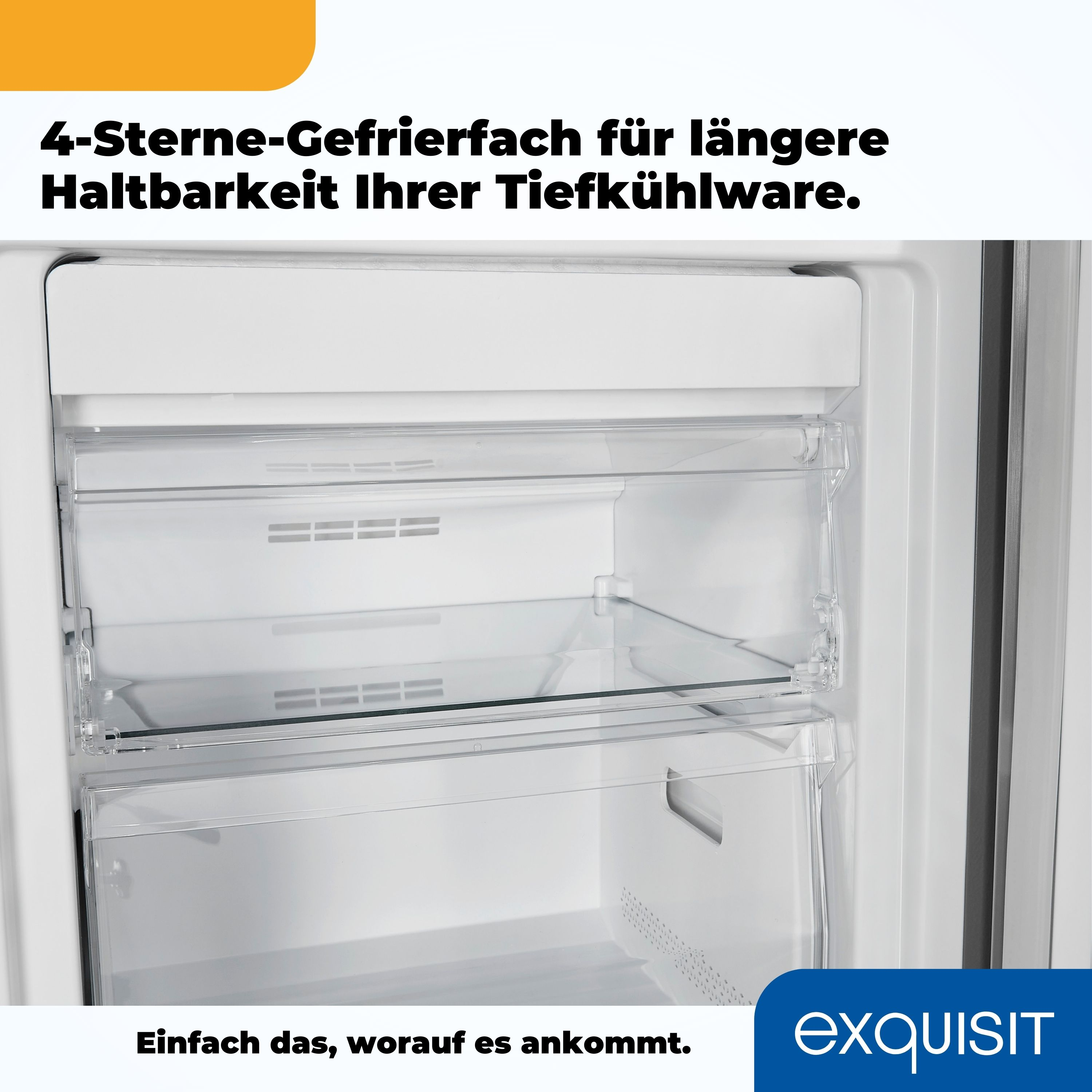 Im Inneren eines weißen Kühlschranks mit zwei transparenten Schubladen. Text auf Deutsch.