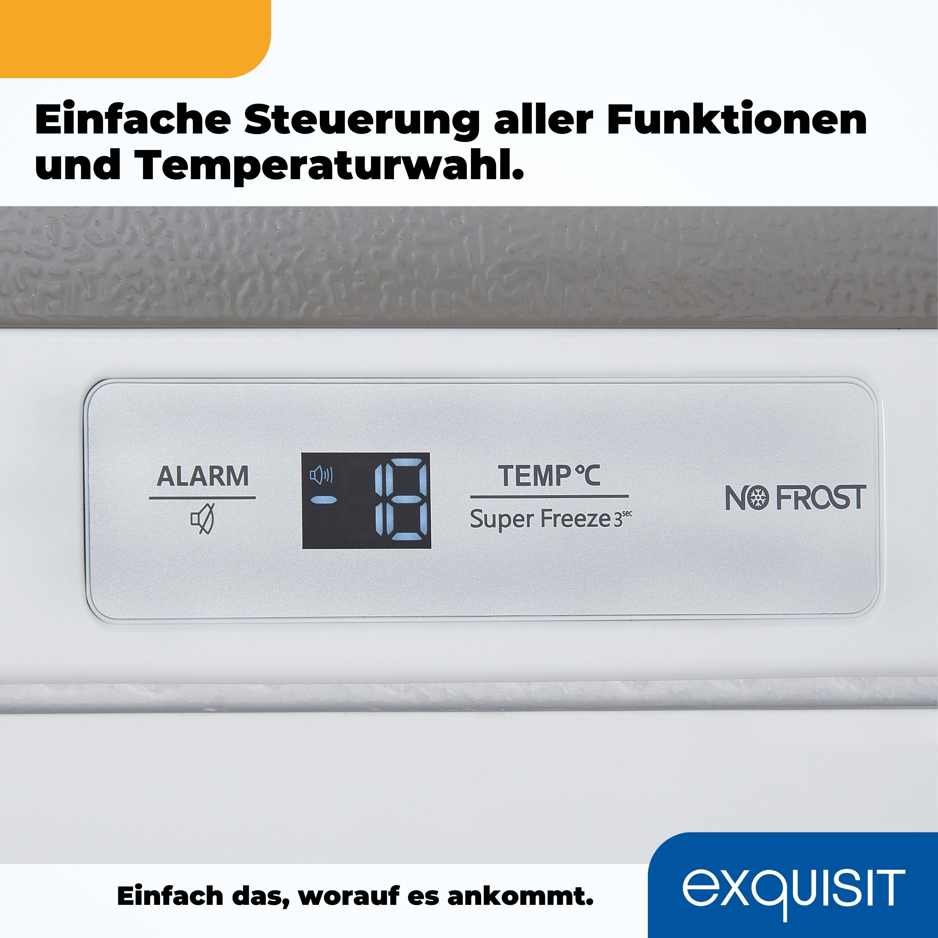 Nahaufnahme eines Kühlschrank-Bedienfelds mit digitaler Anzeige.