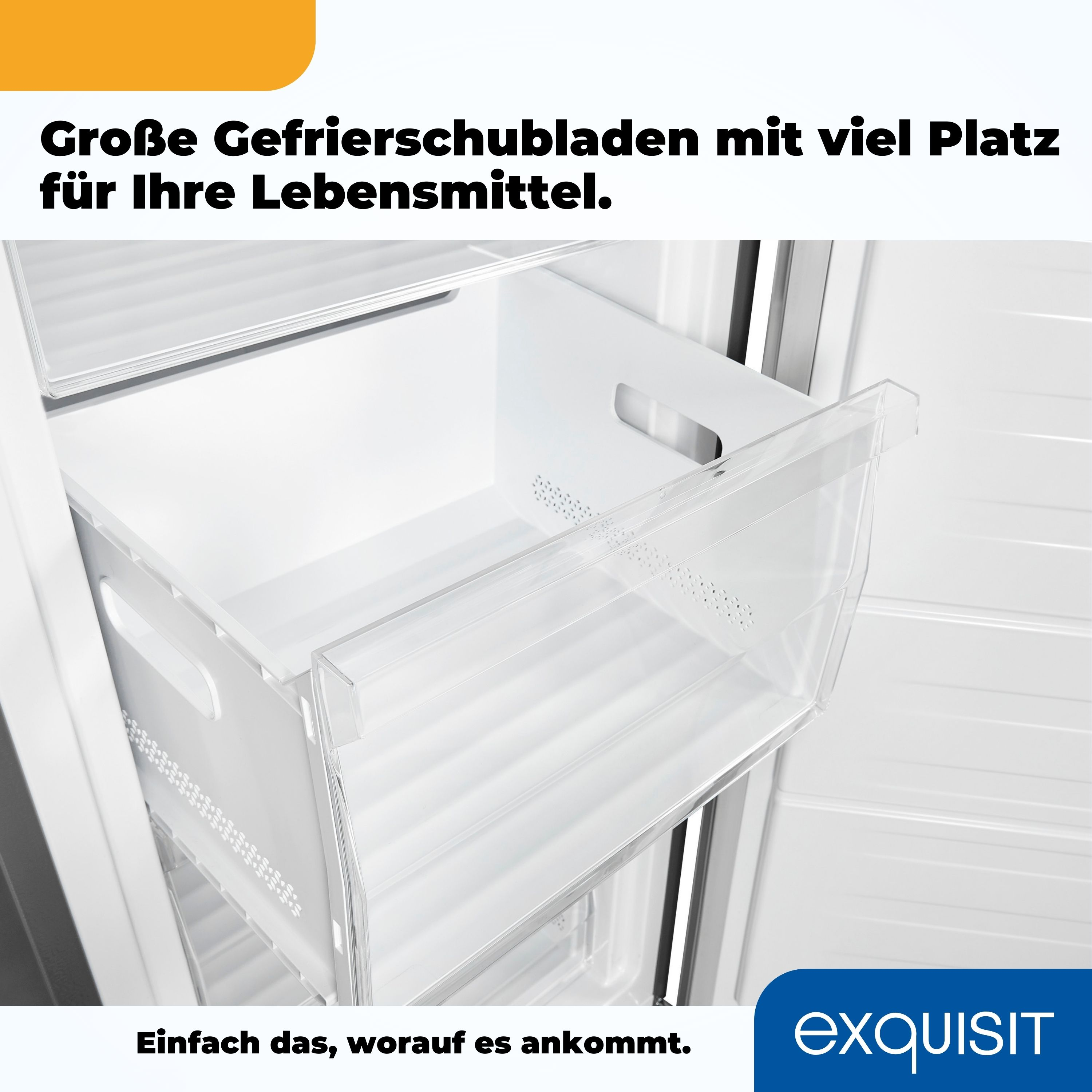 Offene Gefrierschublade, die einen weißen, leeren Behälter mit Griffen zeigt.
