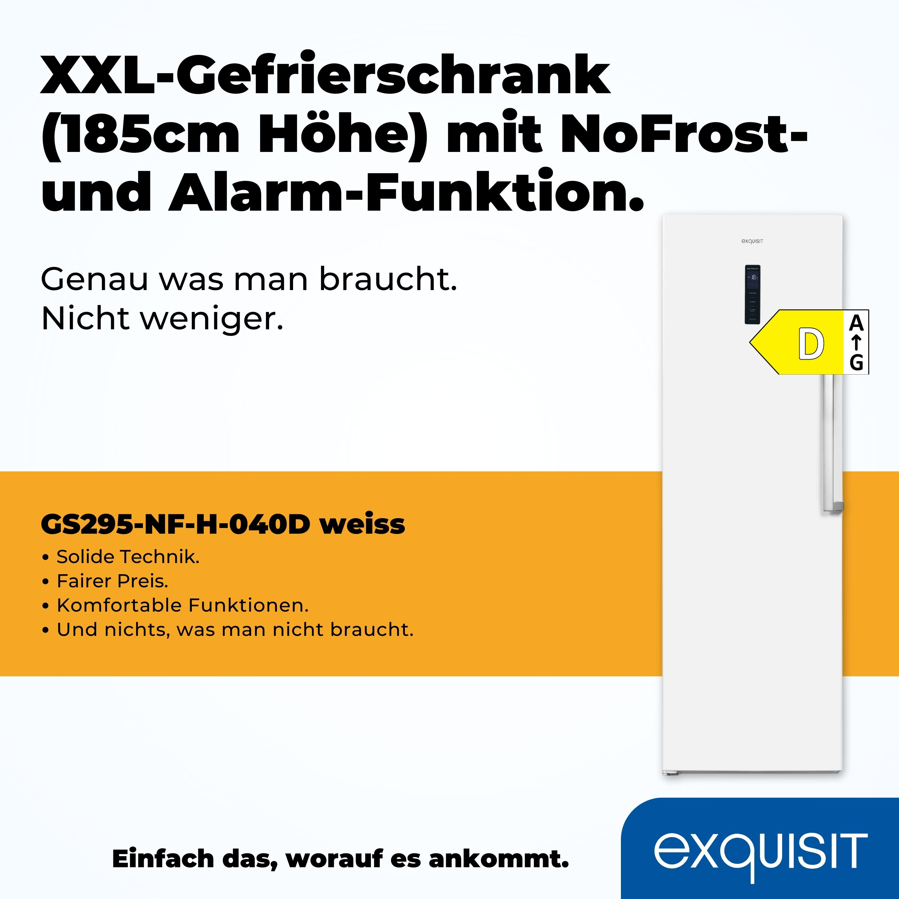 Weißer Kühlschrank mit orangefarbenem Text, der Funktionen bewirbt. Er hat die Energieeffizienzklasse D und eine weiße Tür.