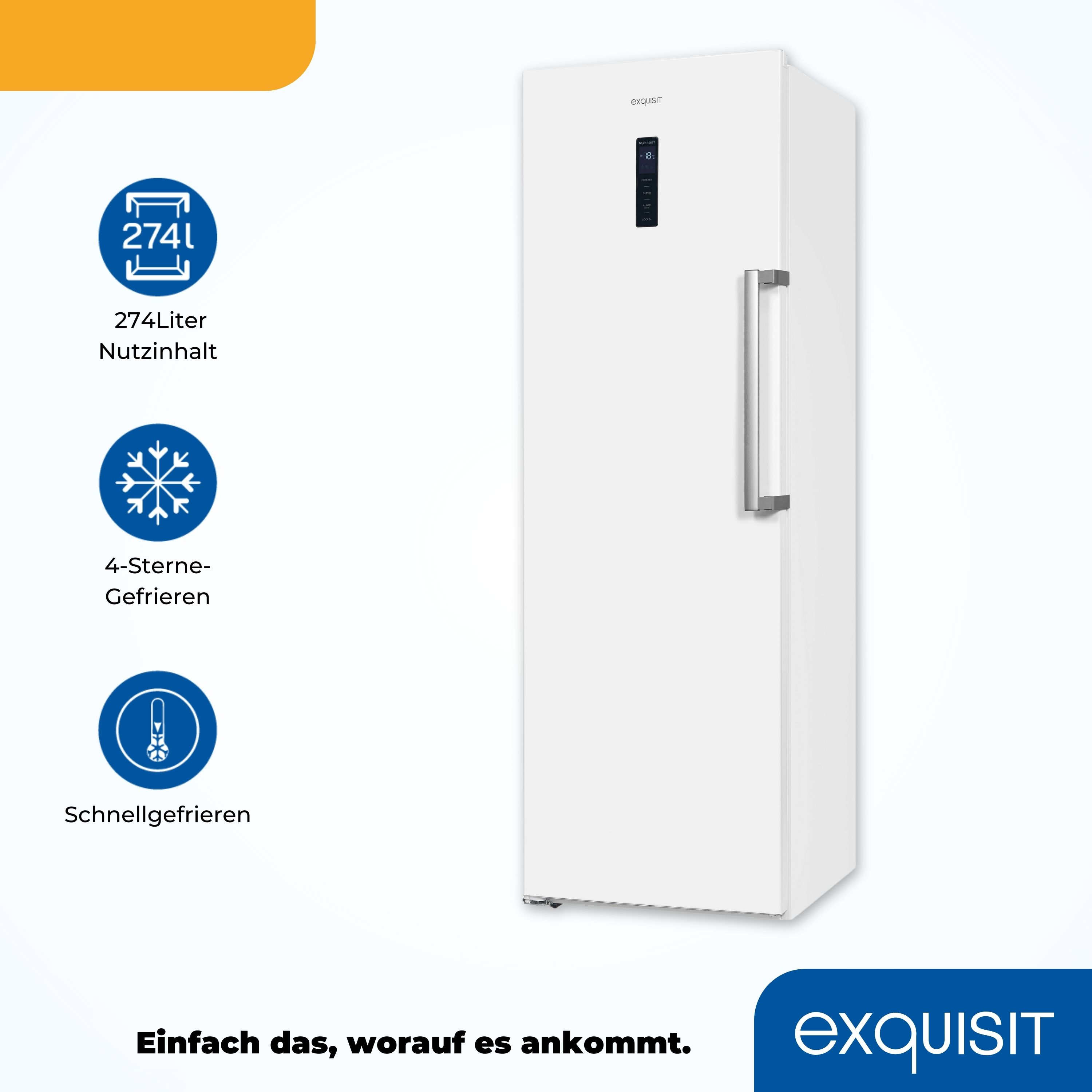 Weißer Kühlschrank mit Text und Symbolen, die Funktionen anzeigen. Weißer Hintergrund mit gelbem und blauem Balken oben.