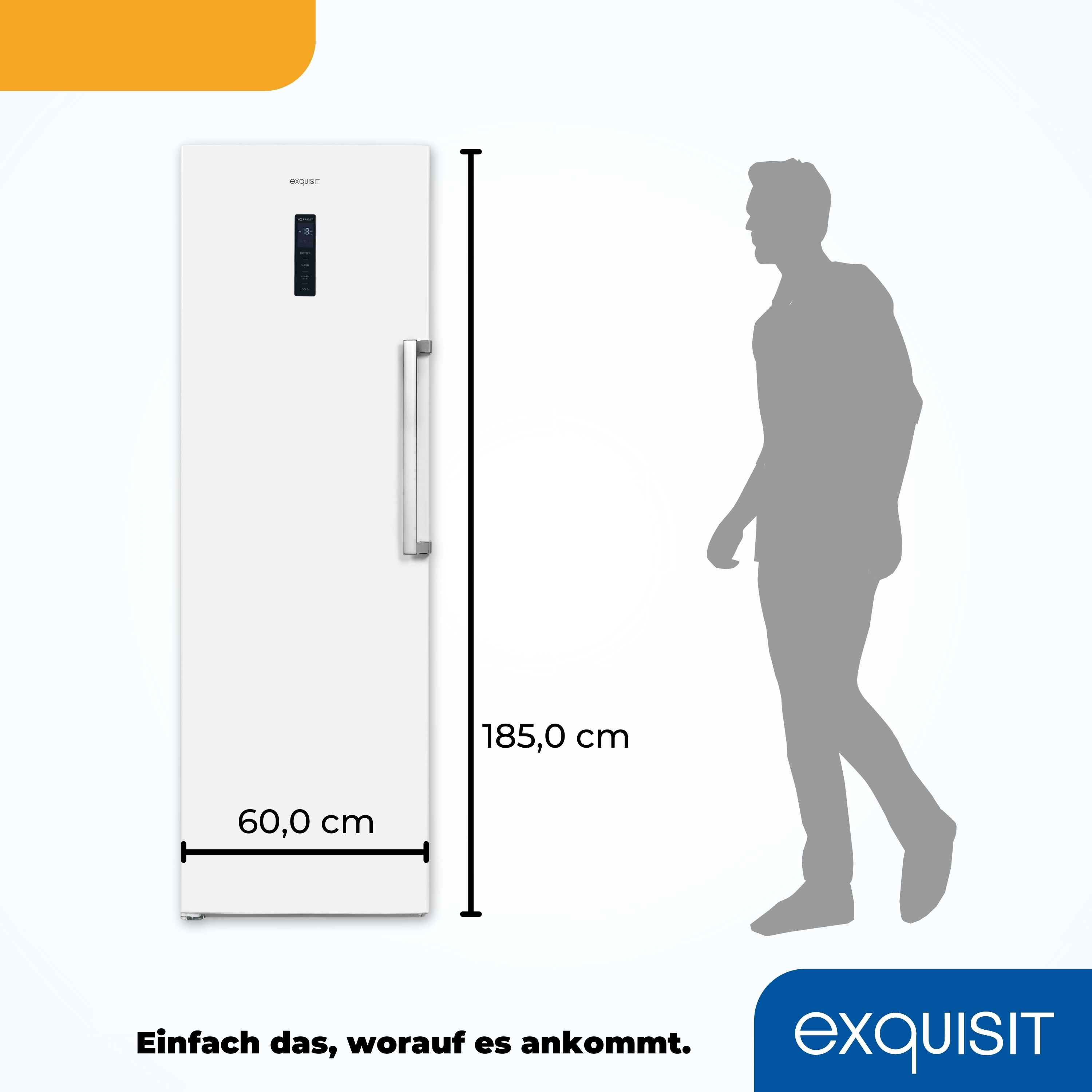 Weißer Kühlschrank mit den Maßen: 60x185cm. Daneben eine Personensilhouette. Exquisit-Logo.