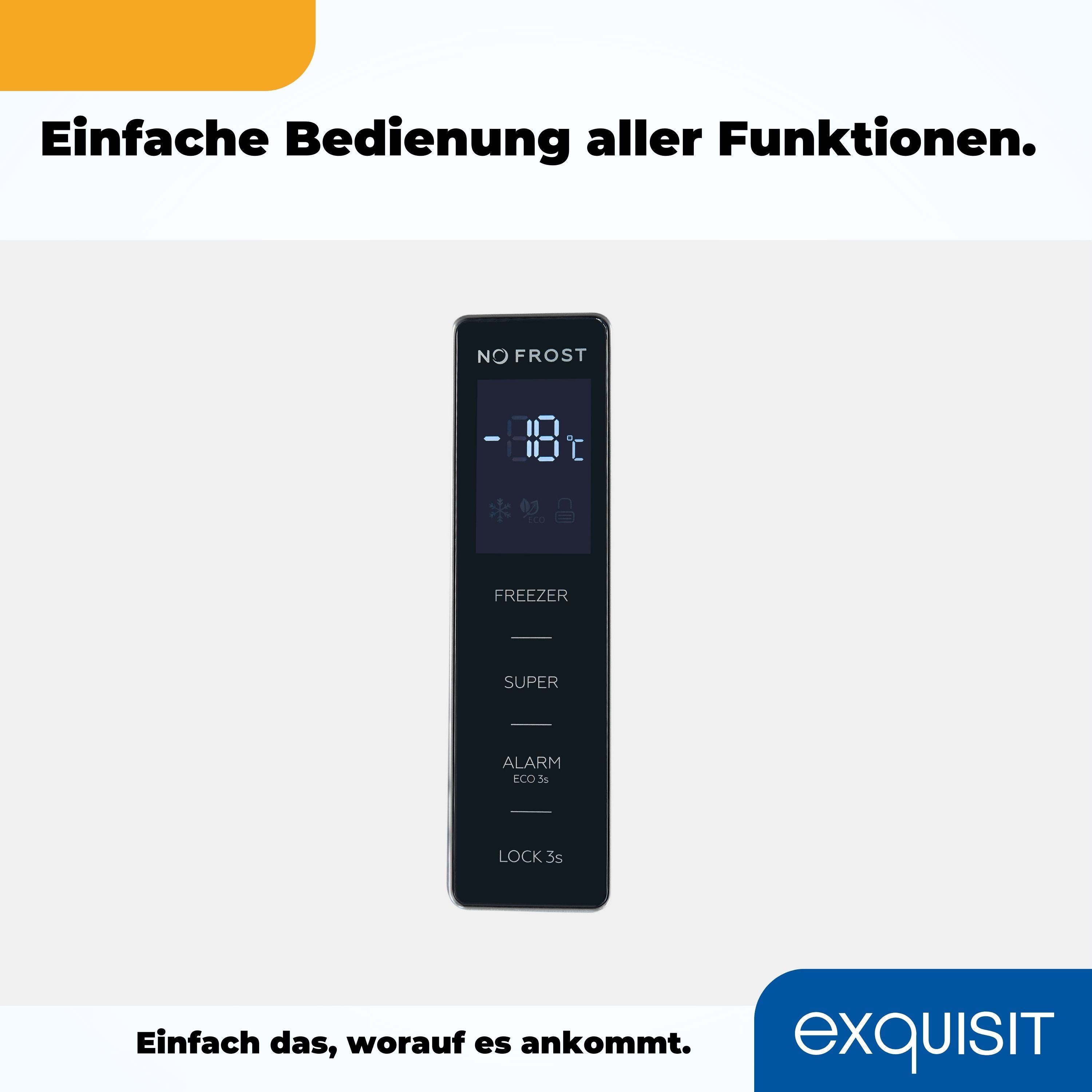 Schwarzes, digitales Gefrierfach zeigt -18°C an.