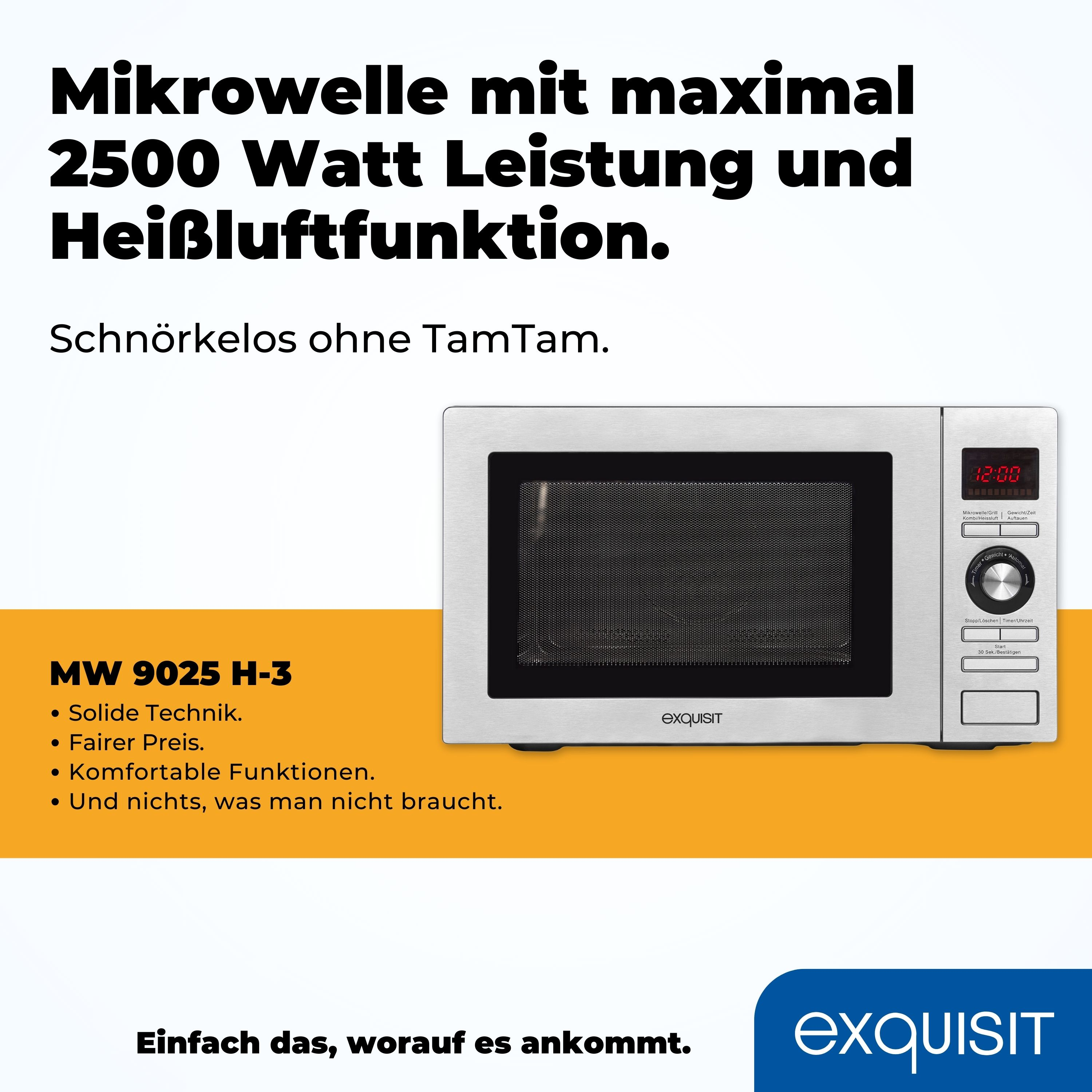Ein silberner Mikrowellenherd mit Digitalanzeige und Knöpfen, mit Textüberlagerung auf dem Bild.