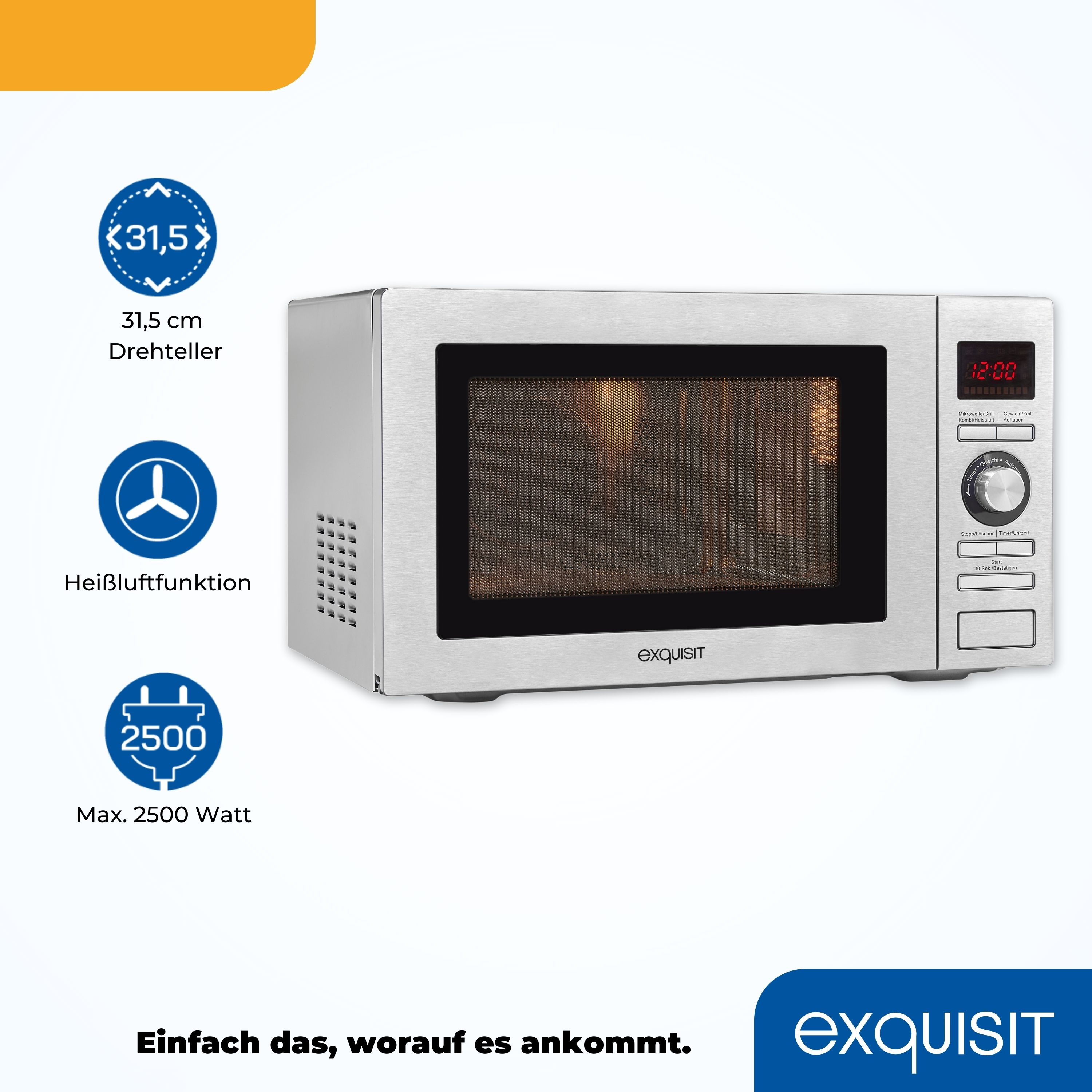 Silberne Mikrowelle mit Digitalanzeige und Bedienfeld. Text 'exquisit' unten.