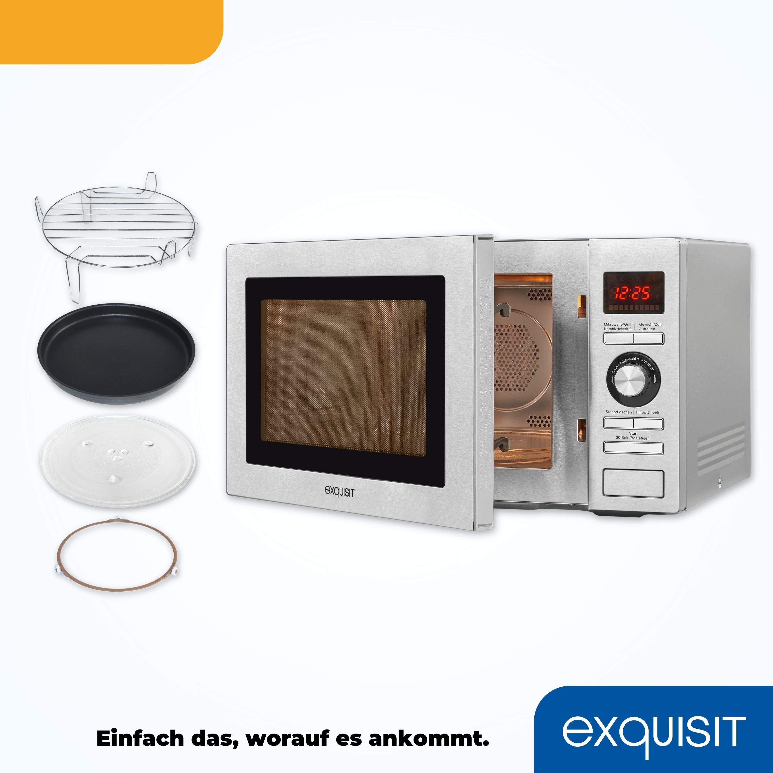 Eine Mikrowelle mit Zubehör. Sie ist silberfarben mit schwarzem Innenraum.