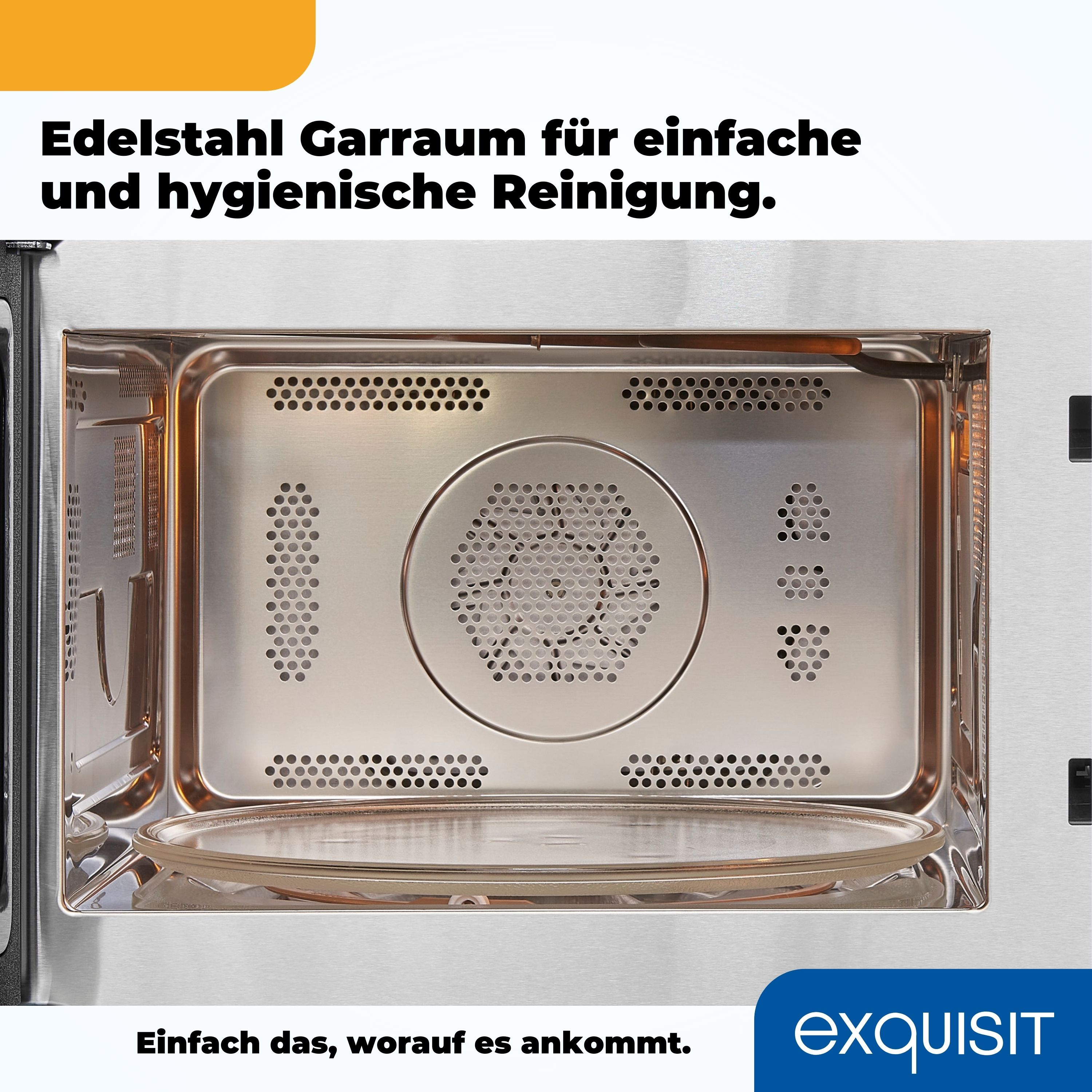 Mikrowelleninnenraum mit Glasplatte, Metallwänden und einer kreisförmigen Entlüftung, einfaches Design.