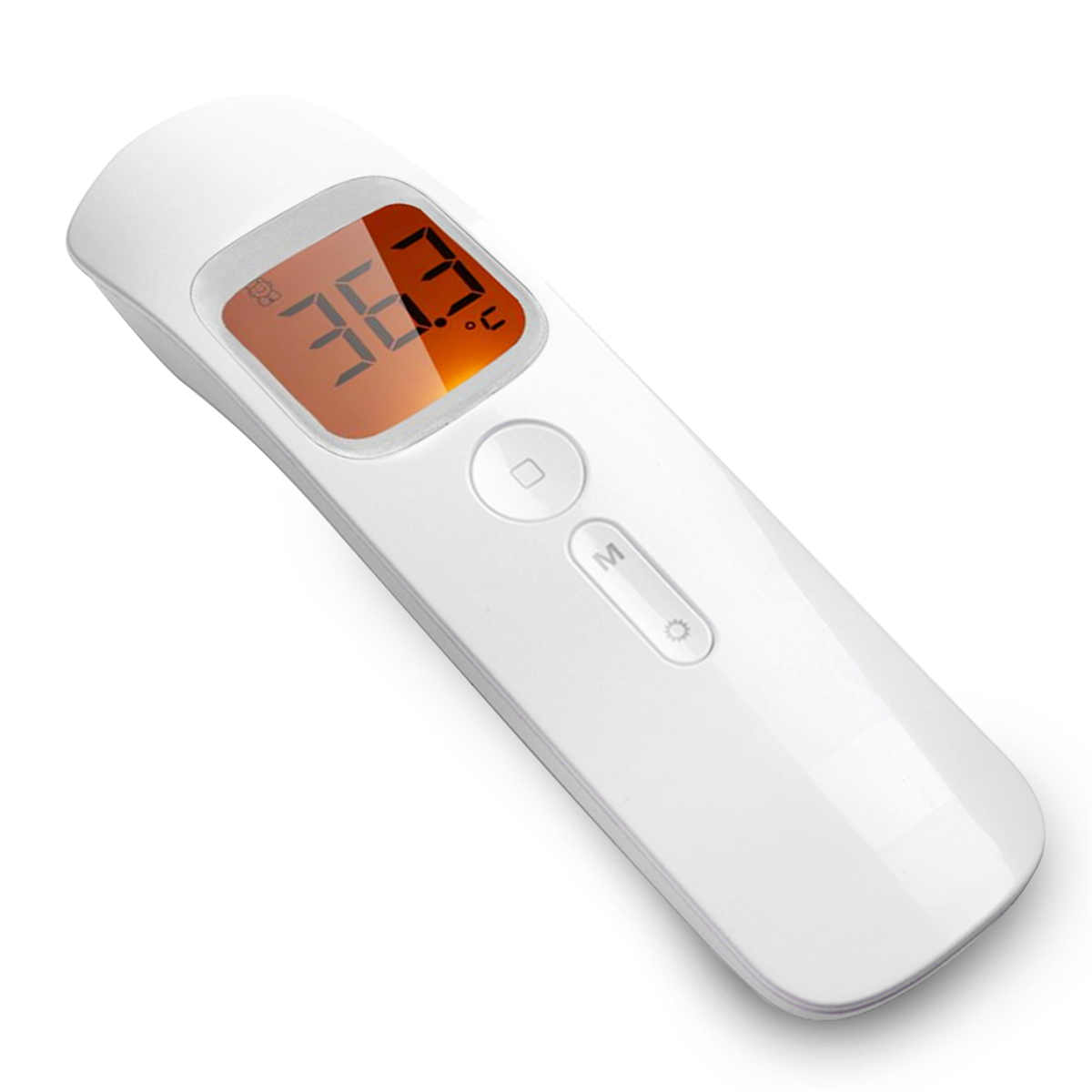 Ein weißes digitales Thermometer, das 36,7 Grad Celsius anzeigt. Es hat ein kleines Display und Tasten.