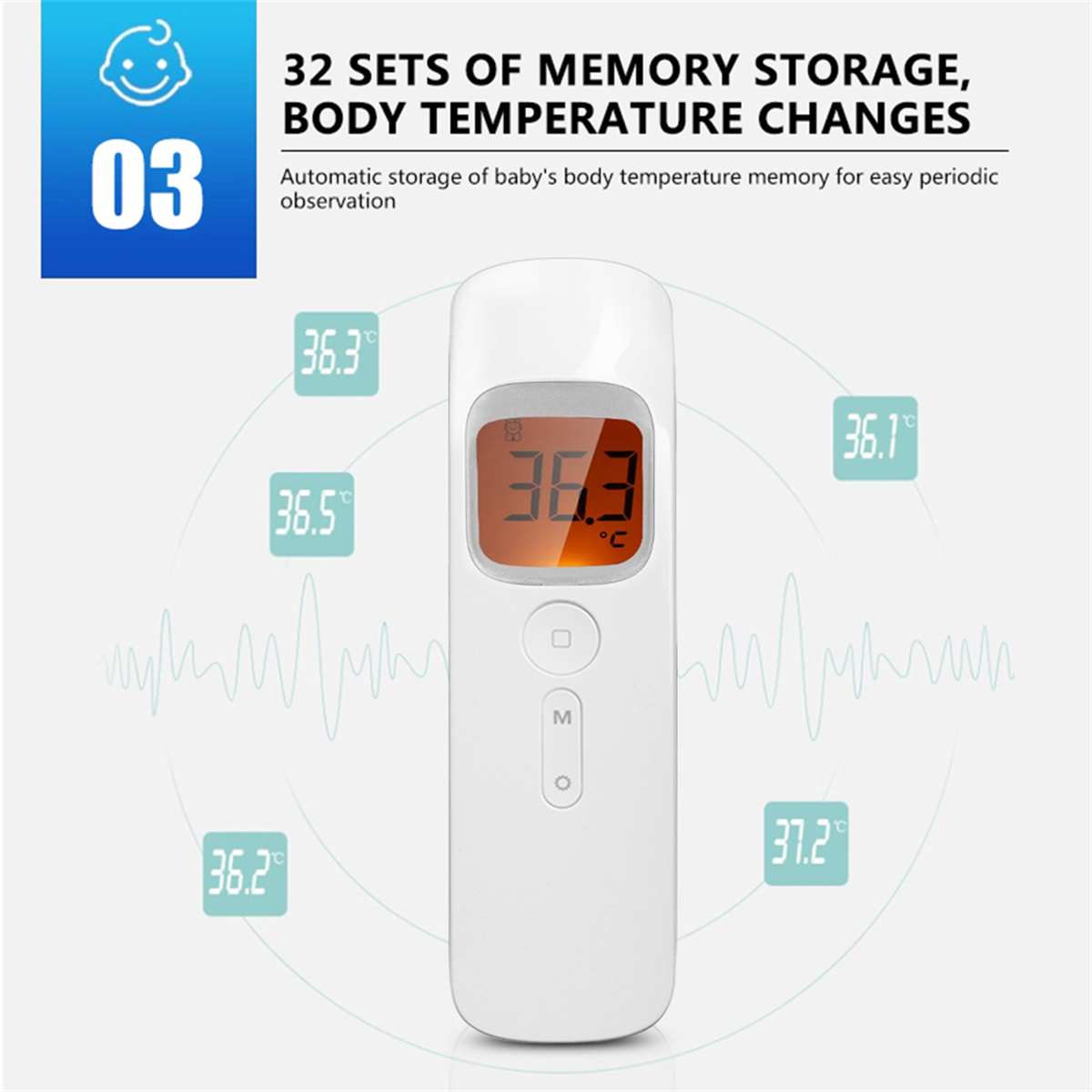 Weißes digitales Thermometer mit 36,3°C, umgeben von anderen Temperaturmessungen.