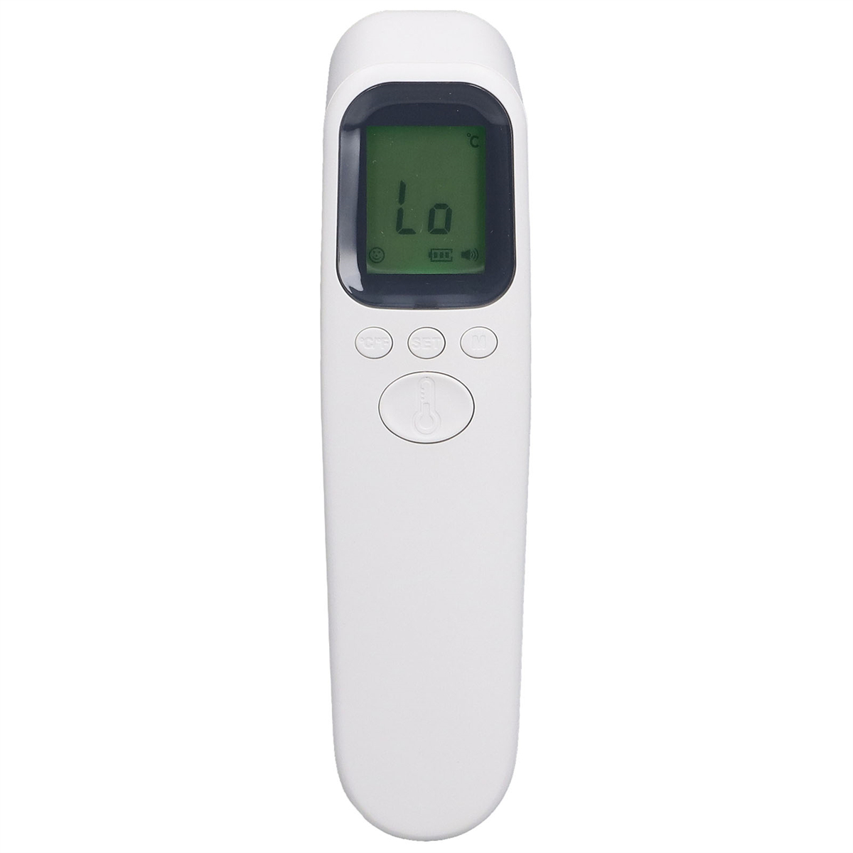 Ein weißes, tragbares Infrarot-Thermometer zeigt auf seinem grünen Bildschirm „Lo“ an.