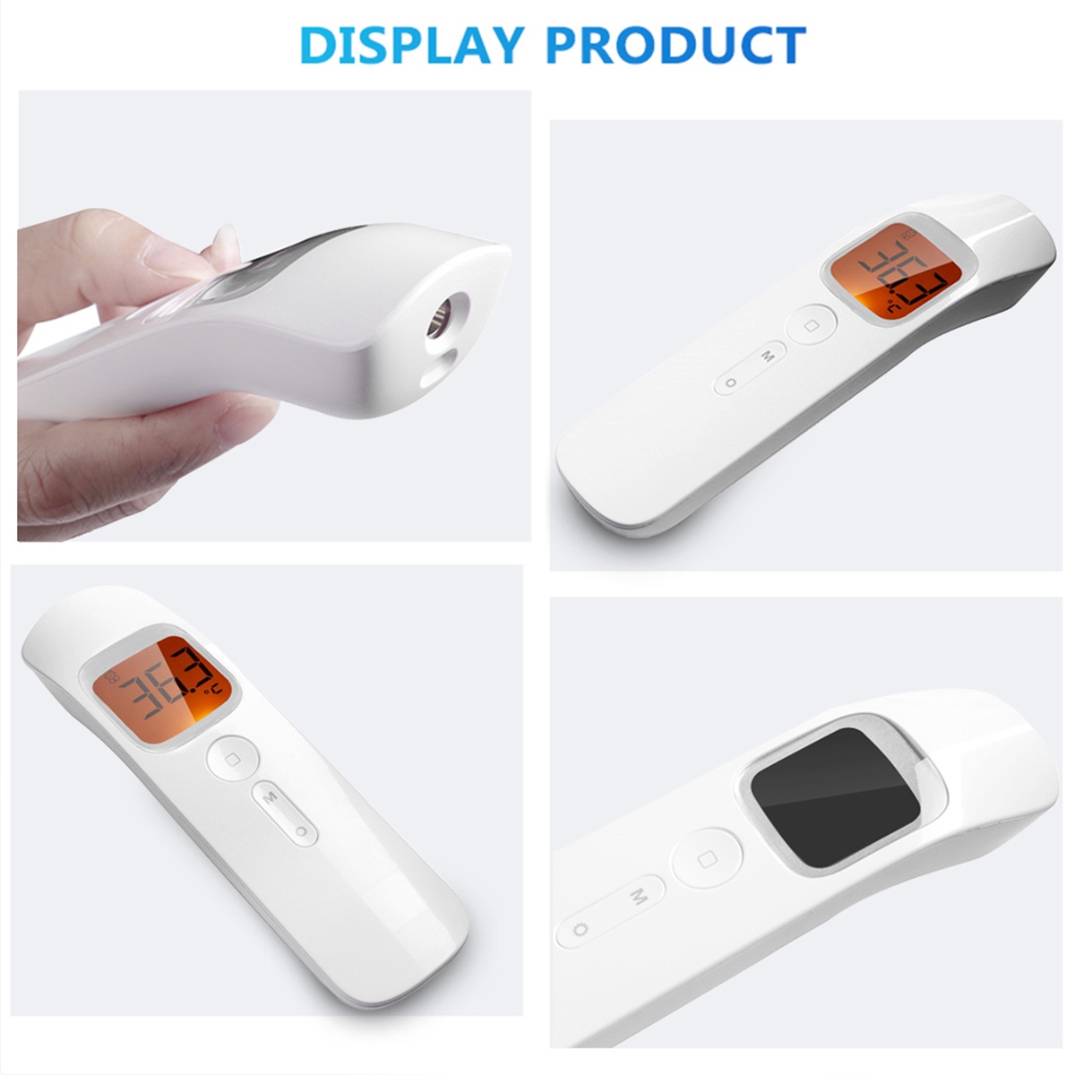 Vier Ansichten eines weißen digitalen Thermometers, das eine Temperatur anzeigt.