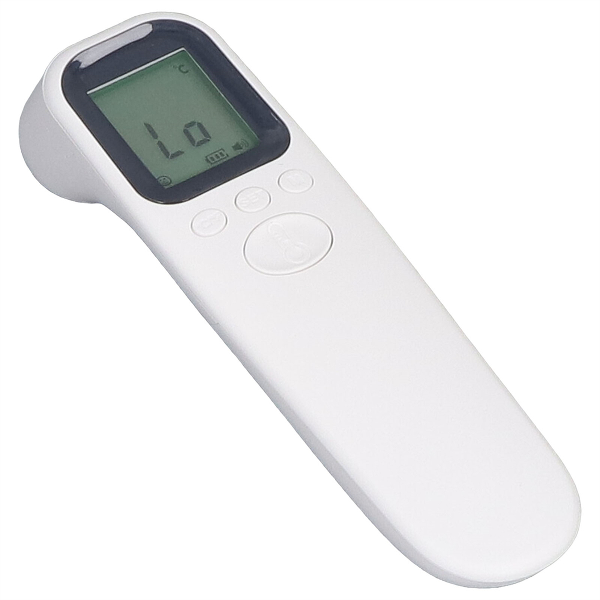 Weißes Infrarot-Thermometer mit Digitalanzeige, die 'Lo' anzeigt, und anderen Knöpfen.
