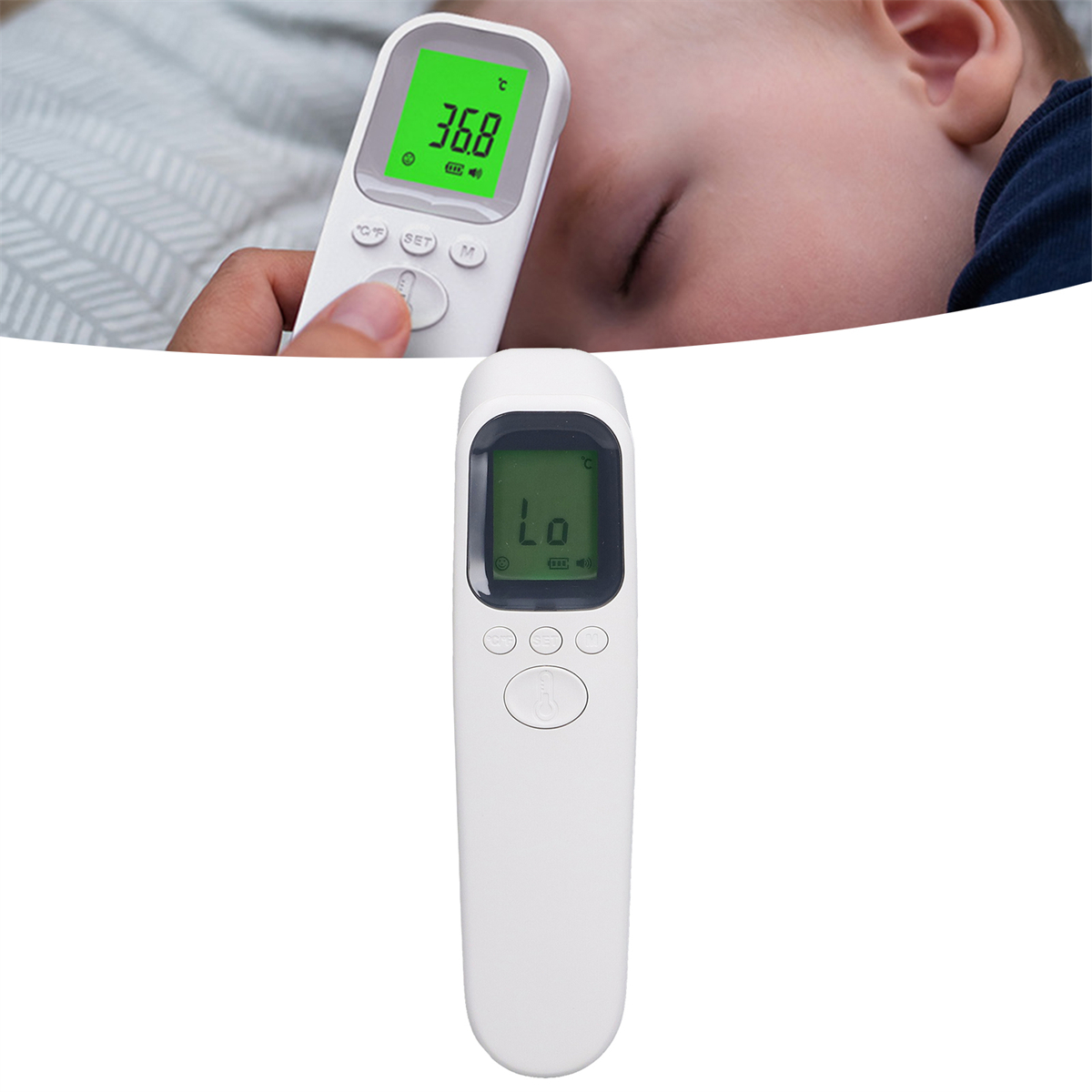 Eine Person misst die Temperatur eines Babys mit einem digitalen Thermometer. Anzeige zeigt 36,8 Grad Celsius.