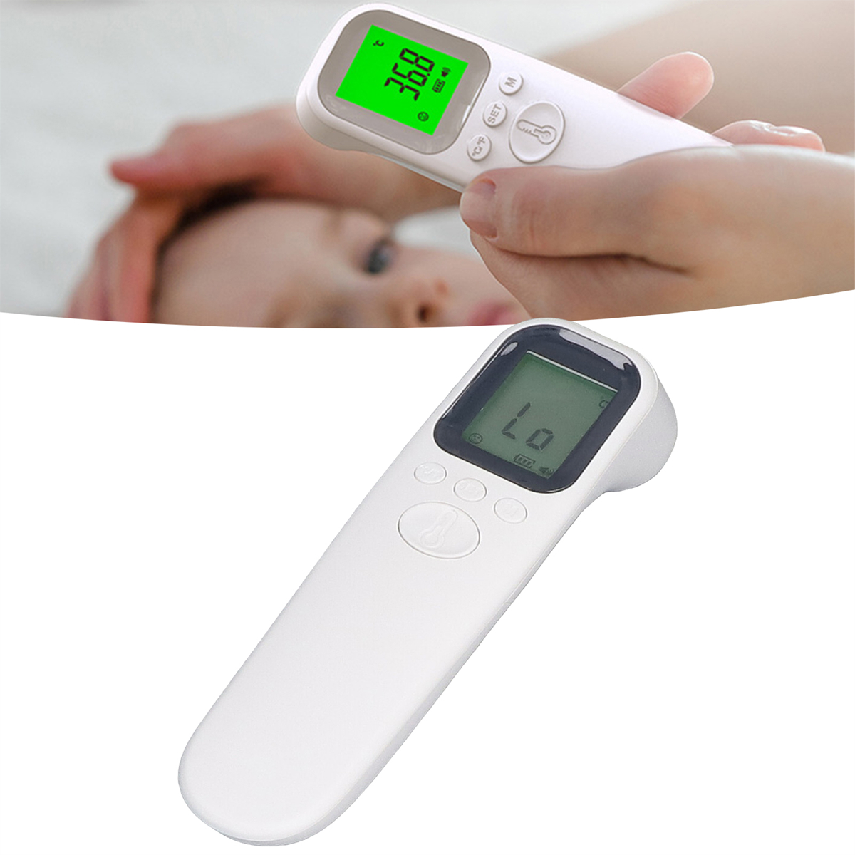 Ein Thermometer zeigt eine Temperaturanzeige. Die Stirn einer Person ist im Hintergrund.