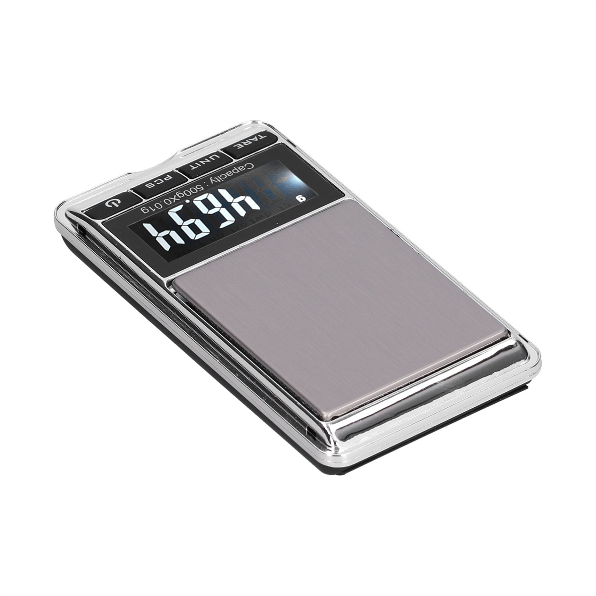 Silberne Digitalwaage mit Anzeige 4694. Sie hat eine graue Oberfläche und einen Einschaltknopf.