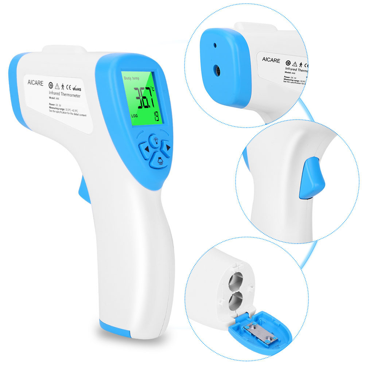 Weiß-blaues Infrarot-Thermometer. Zeigt Temperatur an, blauer Knopf.
