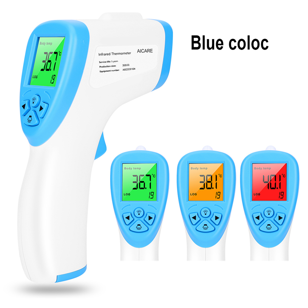 Blaues und weißes Infrarot-Thermometer mit mehreren Temperaturanzeigen.