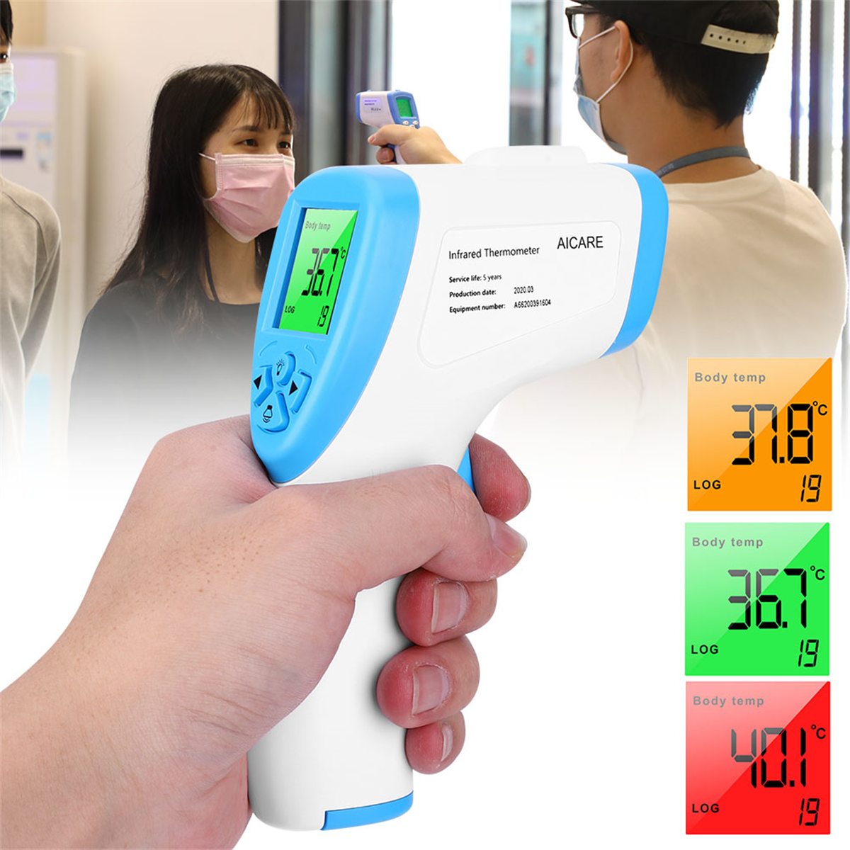 Eine Person hält ein Thermometer und misst die Temperatur. Anzeigen zeigen Messwerte in Celsius.