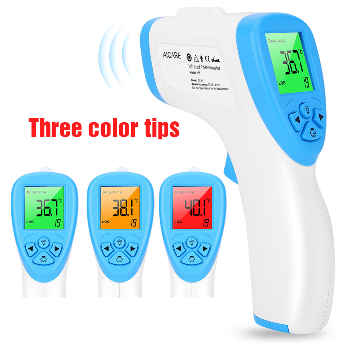 Ein Infrarot-Thermometer mit drei verschiedenen Temperaturmesswerten. Blau, weiß und grün.