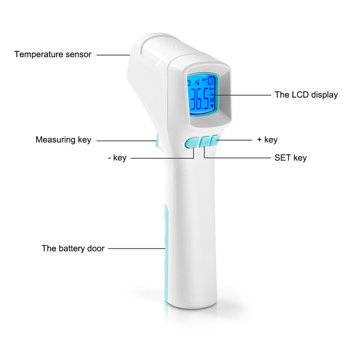 Ein weiß-blaues Infrarot-Thermometer mit beschrifteten Teilen und Digitalanzeige, die Temperatur anzeigt.