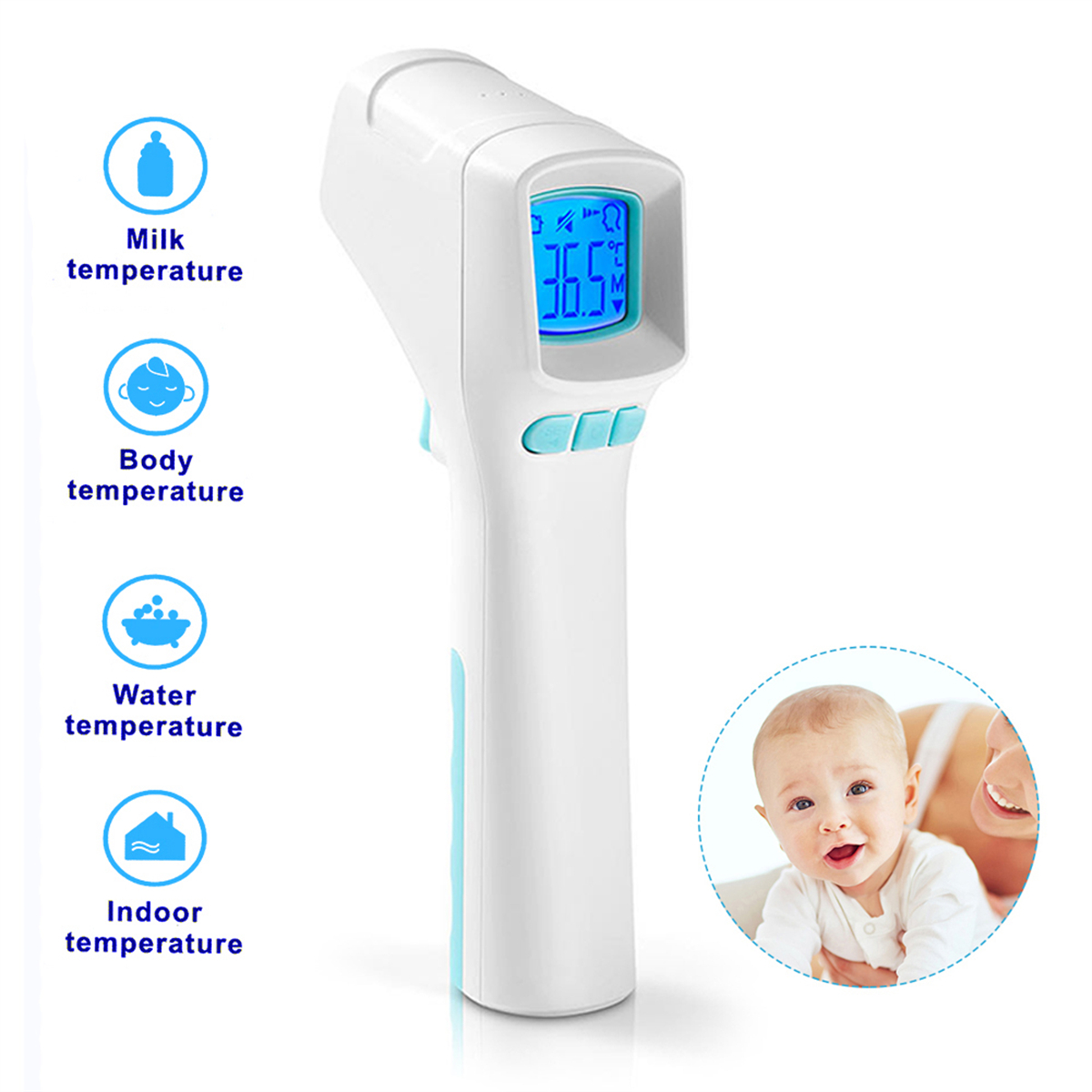 Digitales Thermometer mit Baby und Symbolen für Milch-, Körper-, Wasser- und Innentemperatur.