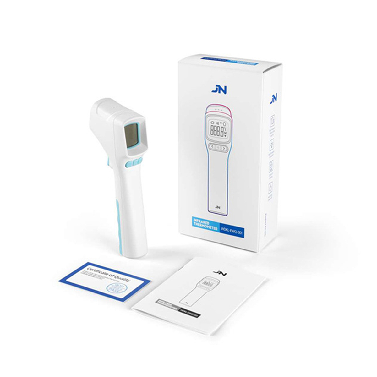 Infrarot-Thermometer, Box und Anleitung auf weißem Hintergrund.