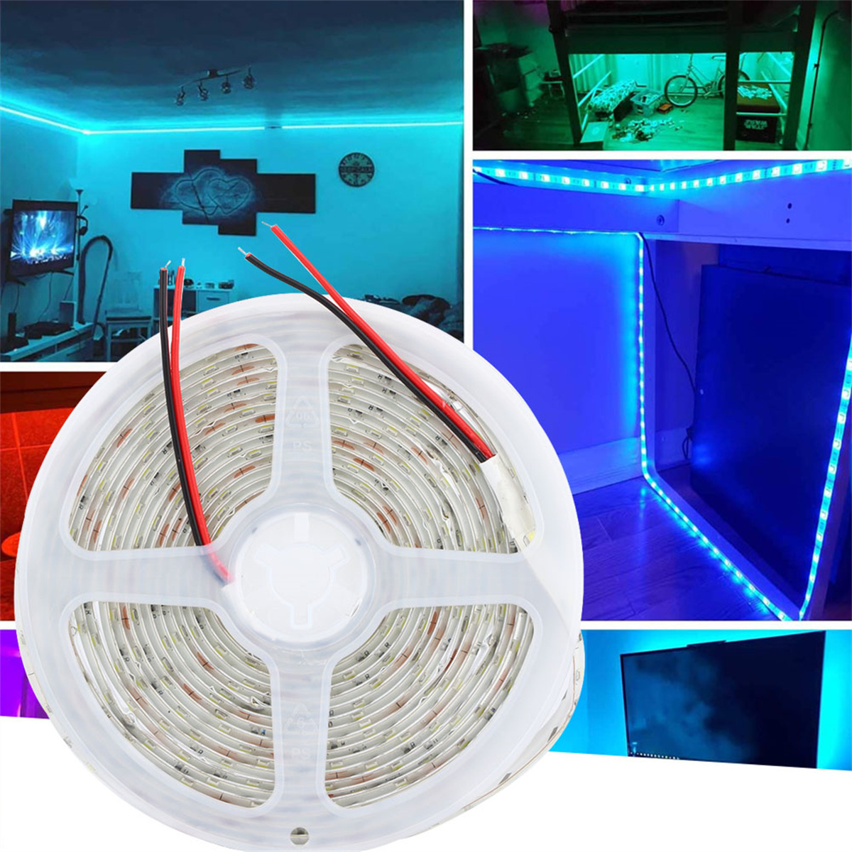Mehrere Bilder, die eine Rolle LED-Lichtstreifen und Beispiele für ihre Verwendung zeigen.