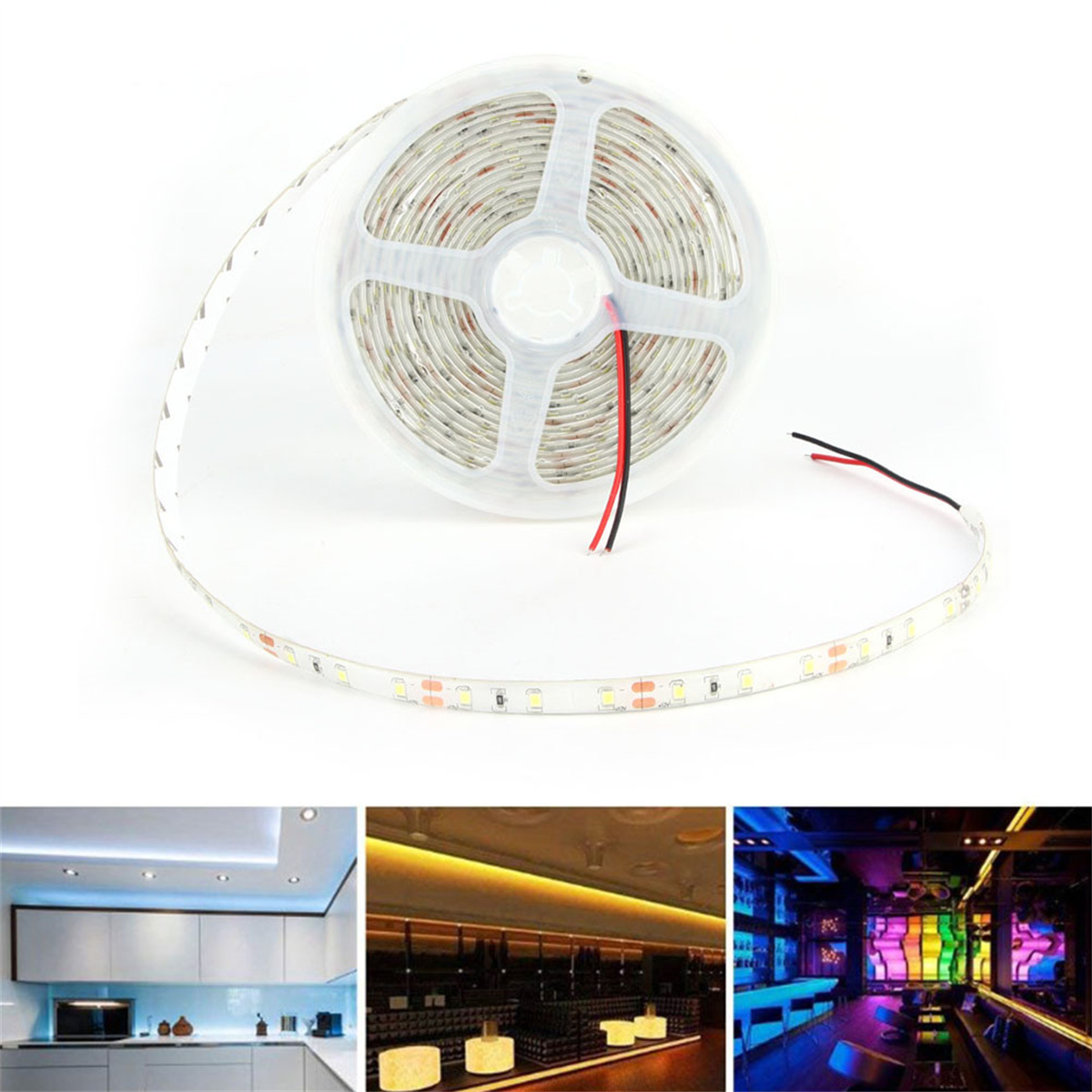 LED-Streifen auf einer Rolle, mit Beispielszenen: Küche, Bar und Club.