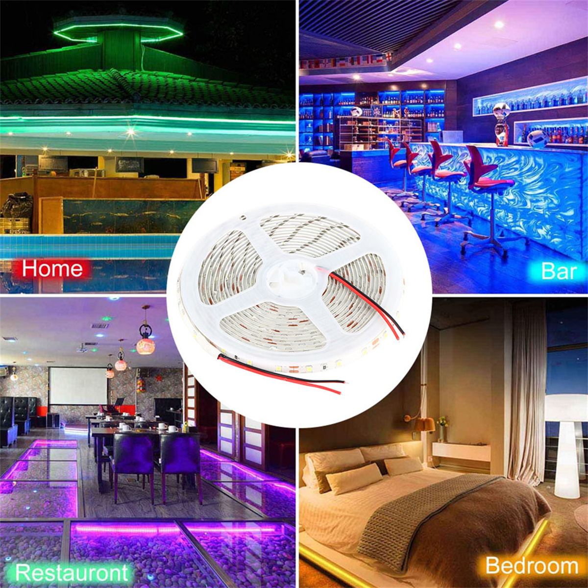LED-Lichtbandrolle und Szenen: Zuhause, Bar, Restaurant, Schlafzimmer.
