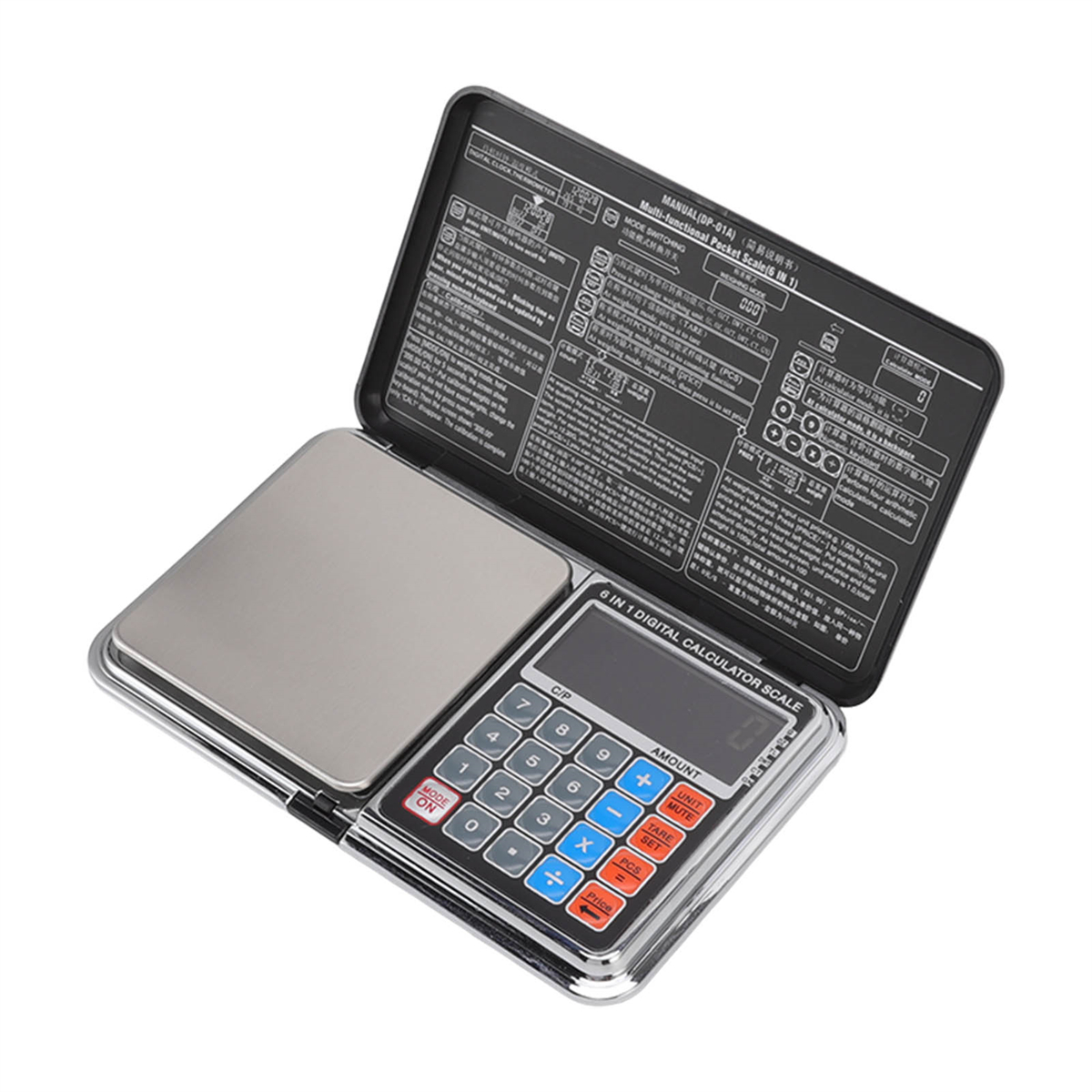 Eine digitale Taschenrechnerwaage mit Taschenrechner und Waage auf dem offenen Deckel, mit Text.