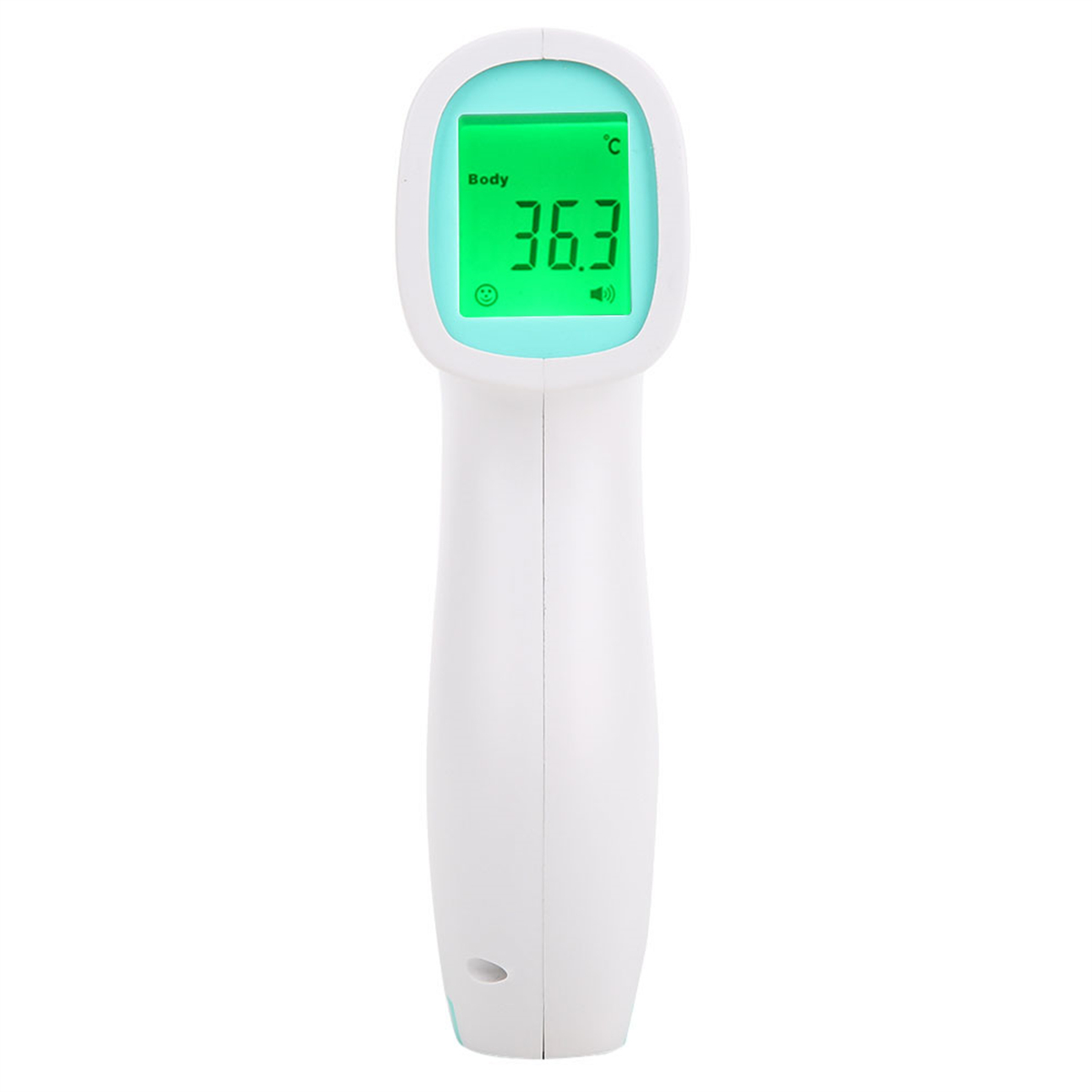 Weißes und grünes digitales Thermometer zeigt 36,3 Grad an.