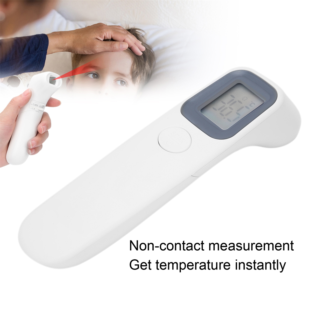 Ein weißes, berührungsloses Thermometer misst die Stirn eines Kindes. Text zeigt sofortige Temperatur an.