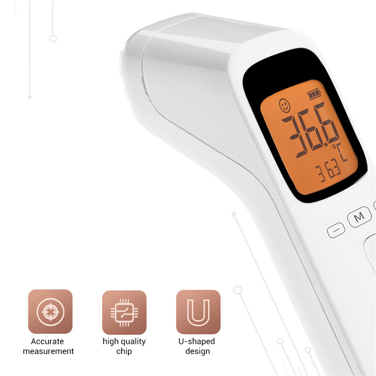 Ein weißes Thermometer mit 36,6 Grad. Es hat eine Digitalanzeige und mehrere Symbole in der Nähe.