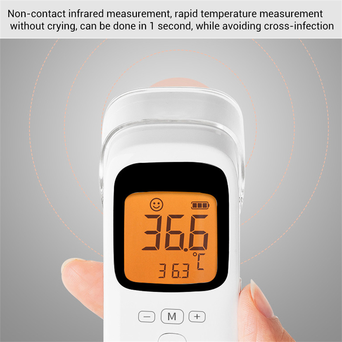 Ein digitales Thermometer zeigt 36,6 Grad an. Das Gerät ist weiß mit orangefarbenem Display.