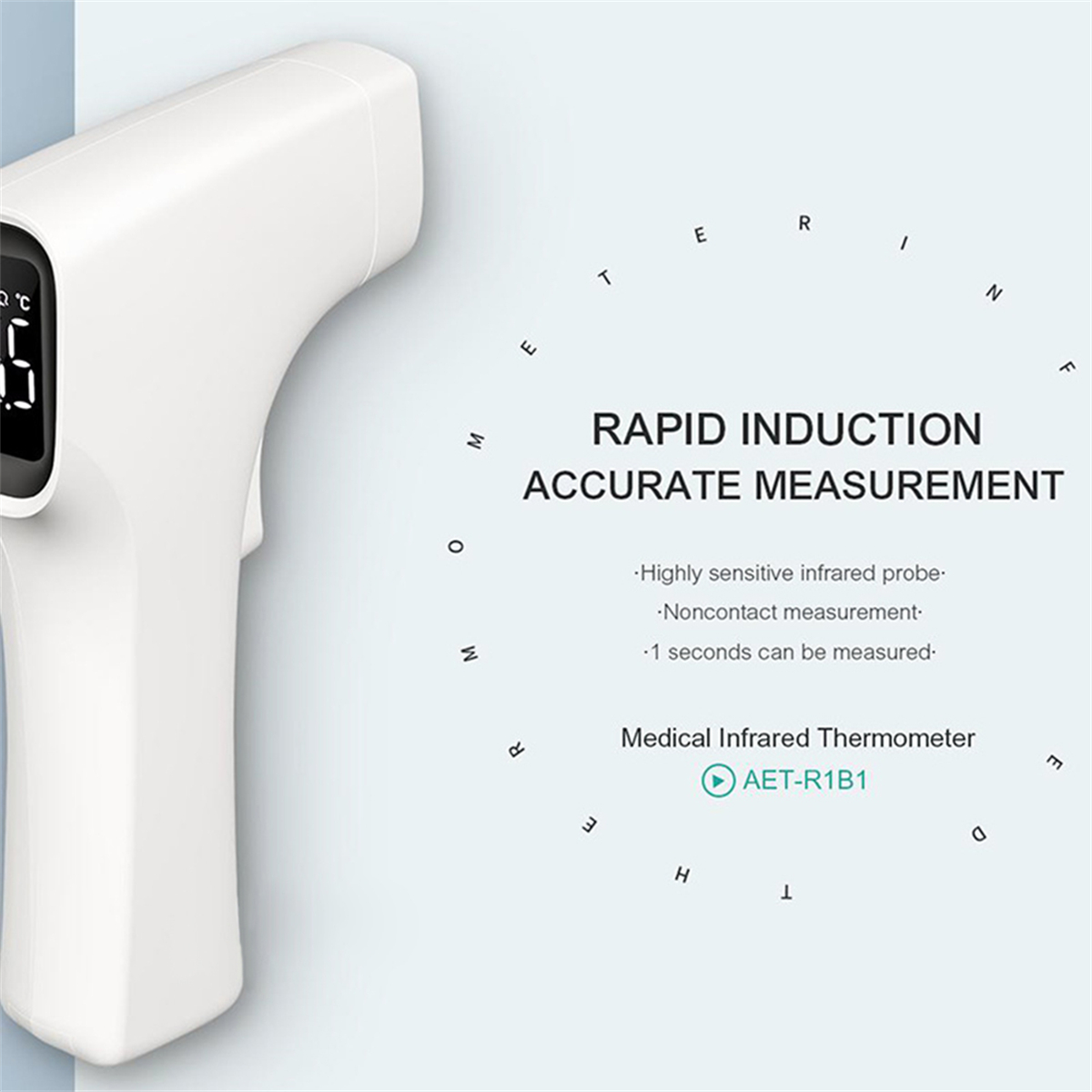 Weißes medizinisches Infrarot-Thermometer mit Text, der seine Eigenschaften beschreibt.
