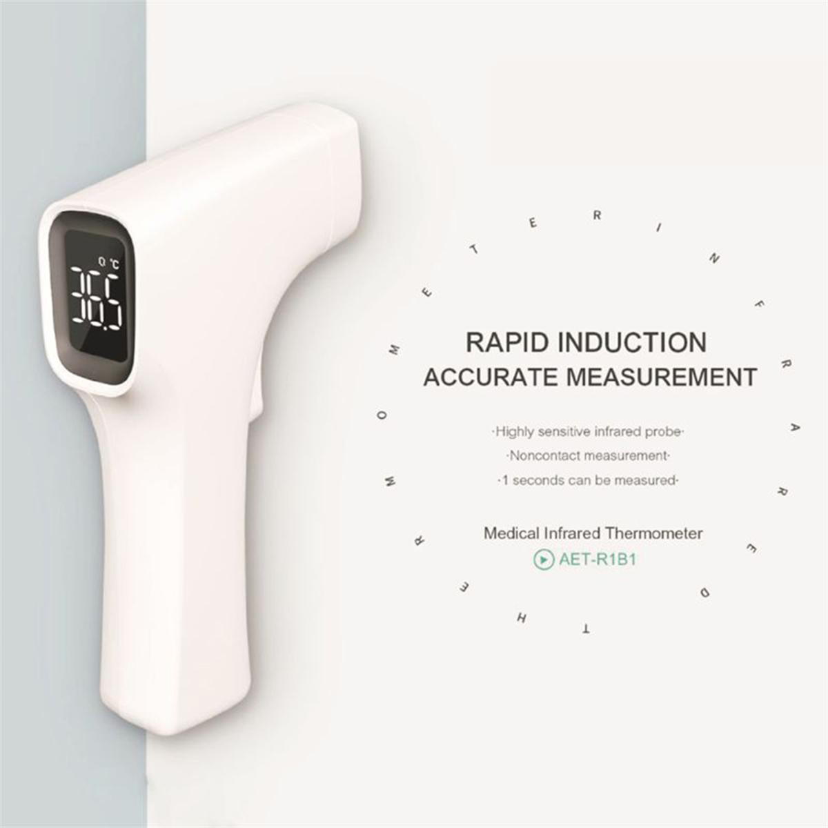 Weißes Infrarot-Thermometer mit digitaler Anzeige von 36,5. Text um das Gerät herum.