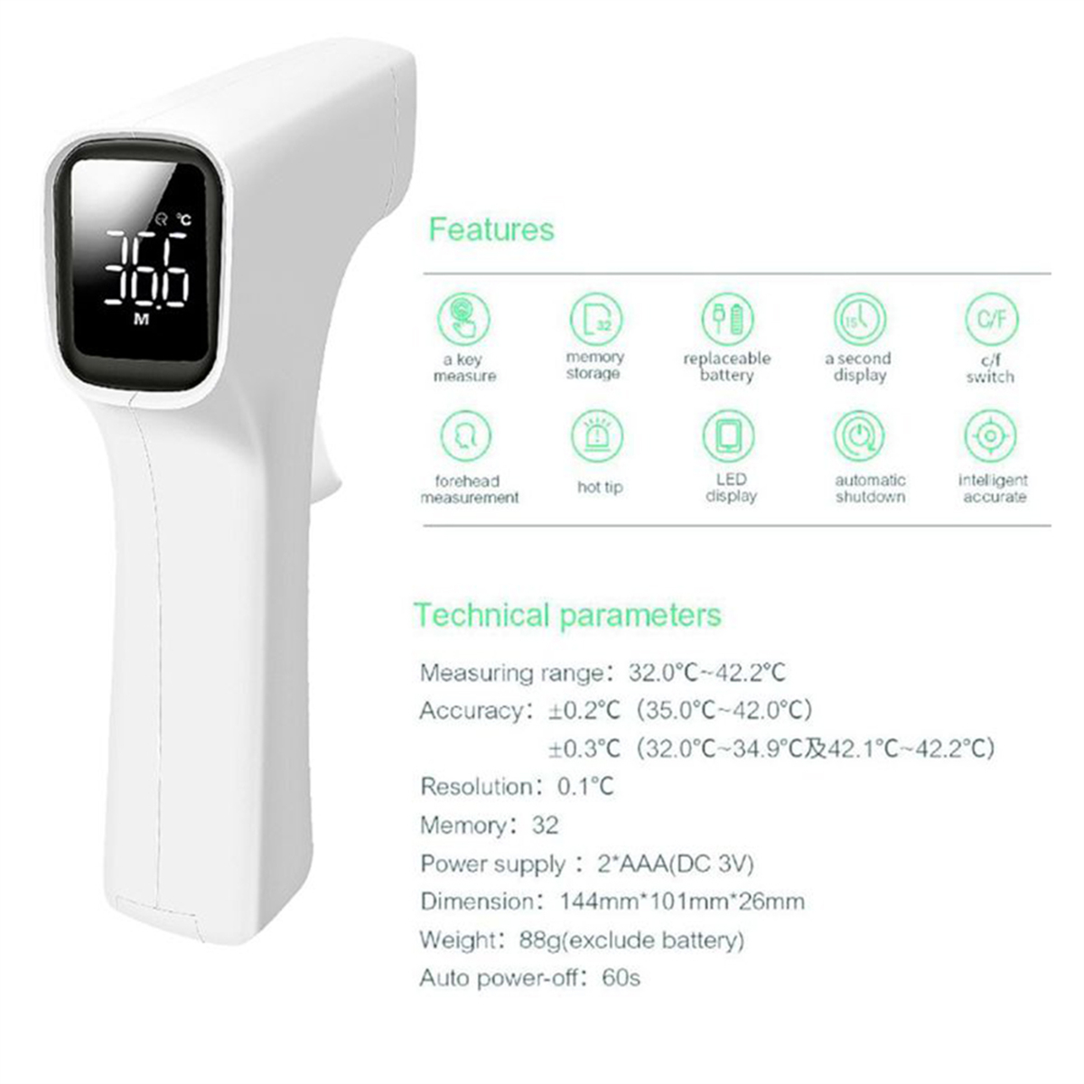 Ein weißes Stirnthermometer mit digitaler Anzeige und Symbolen.