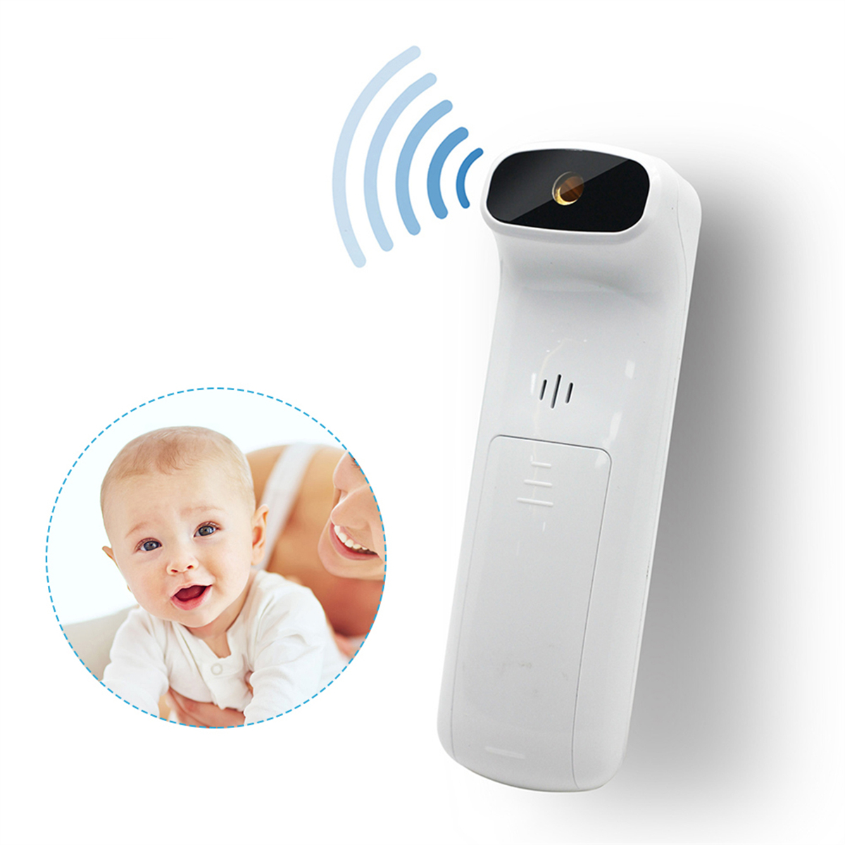 Weißes Thermometer misst die Temperatur des Babys. Das Baby lächelt.