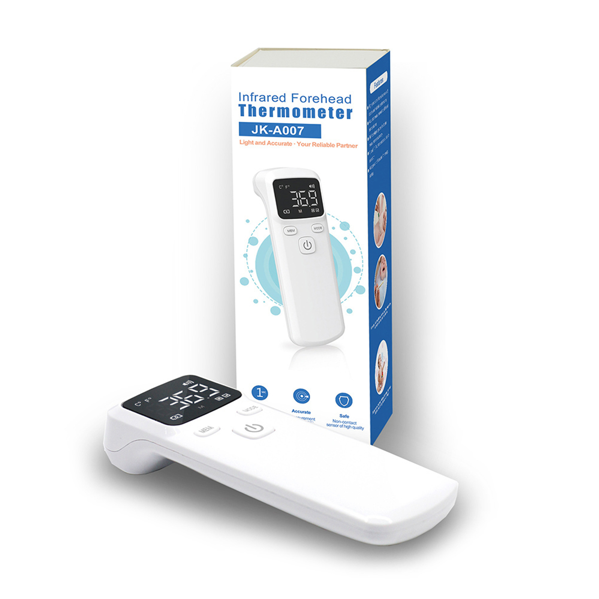 Ein weißes Infrarot-Stirnthermometer und seine Box. Das Thermometer zeigt eine Temperatur an.