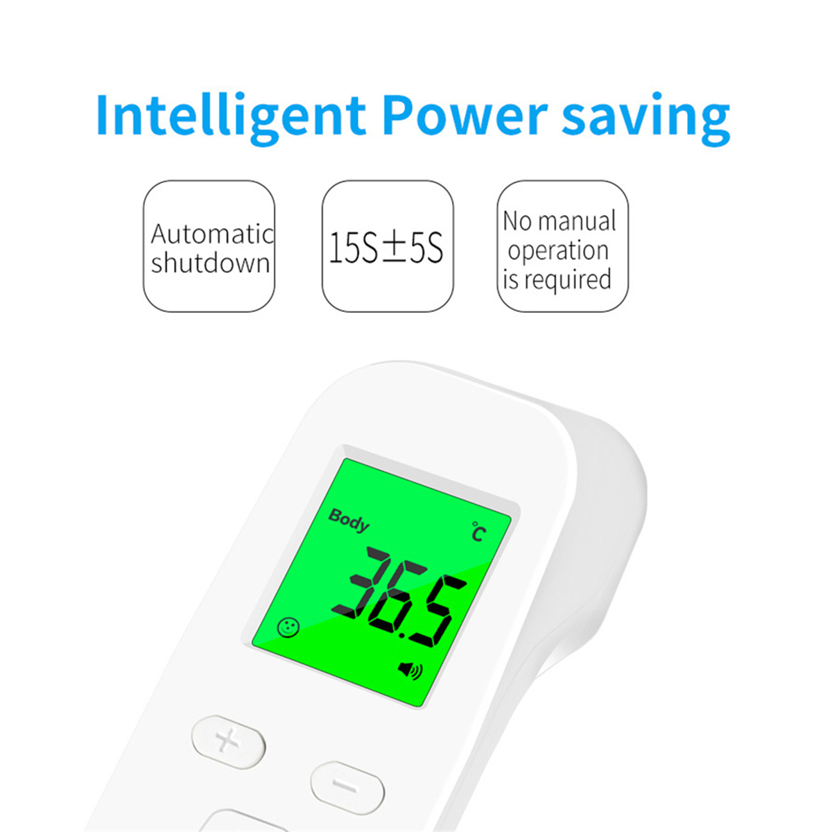 Weißes digitales Thermometer mit grünem Display, 36,5 Grad Celsius.