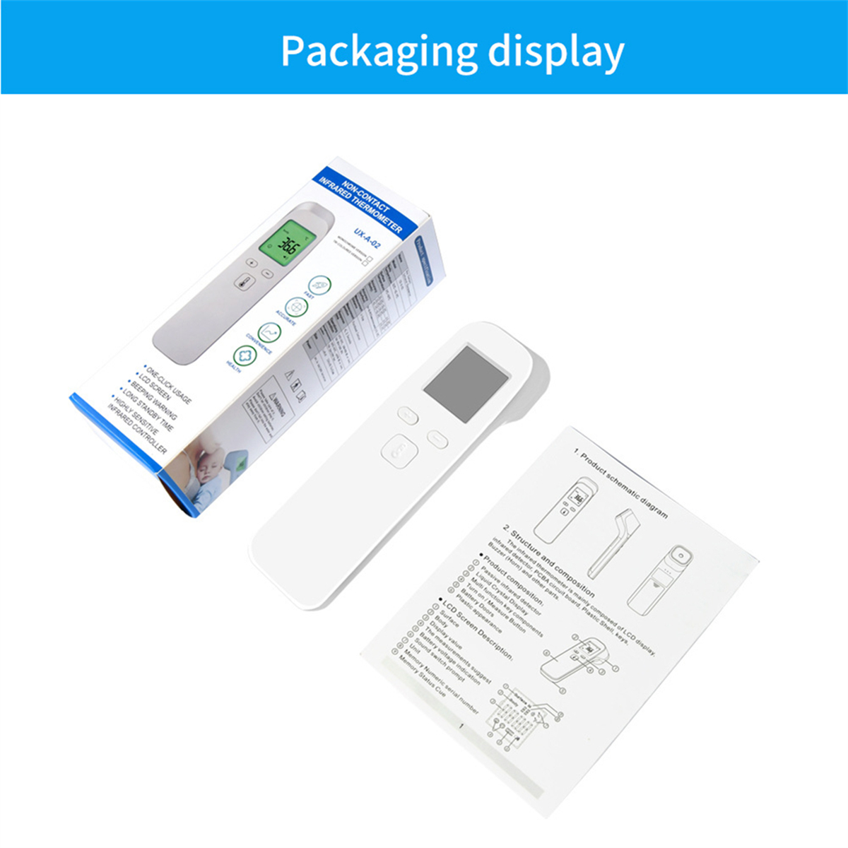 Verpackungsanzeige, berührungsloses Infrarot-Thermometer mit Anweisungen und Produktdiagramm.