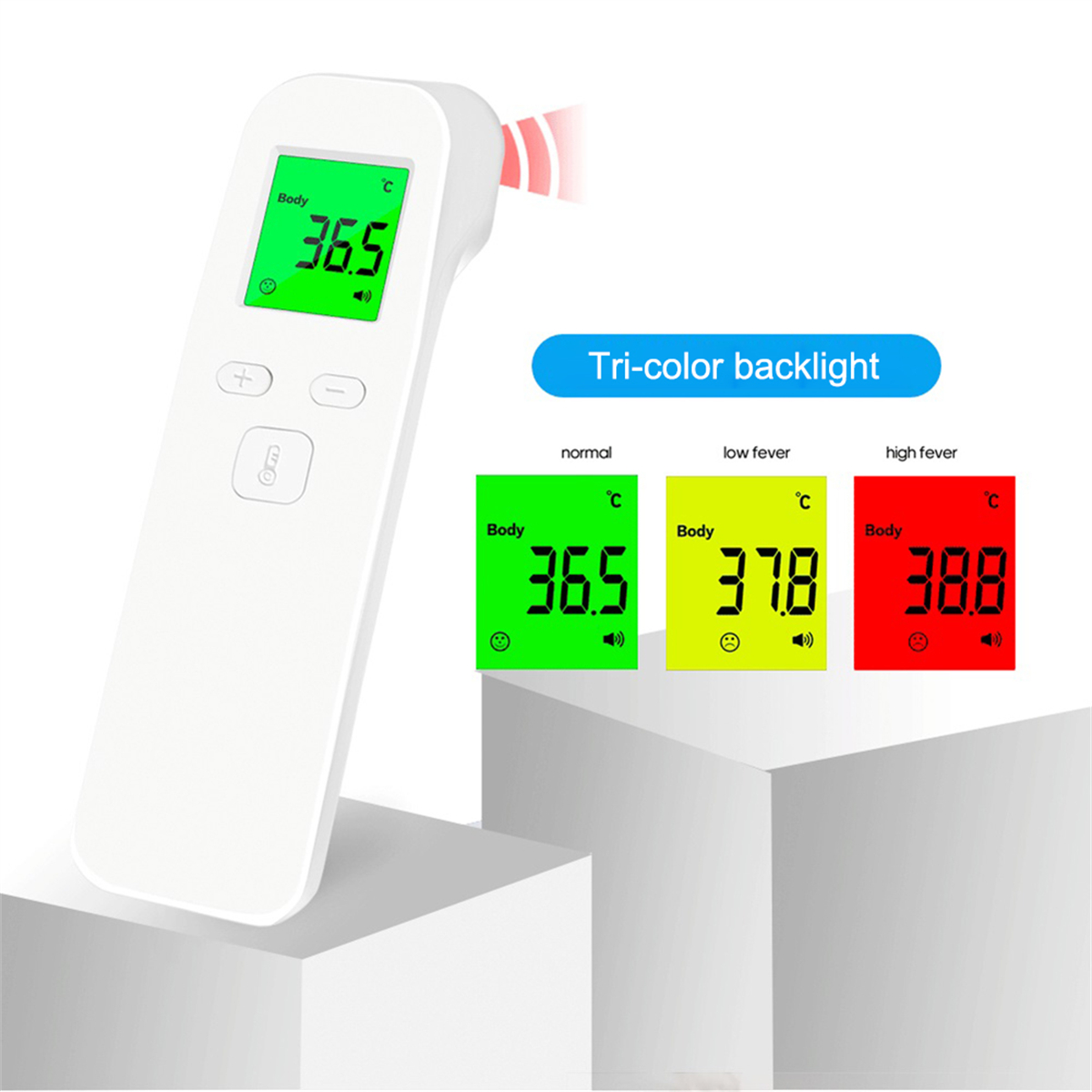 Weißes Thermometer mit Anzeige für normale, niedrige und hohe Temperatur.