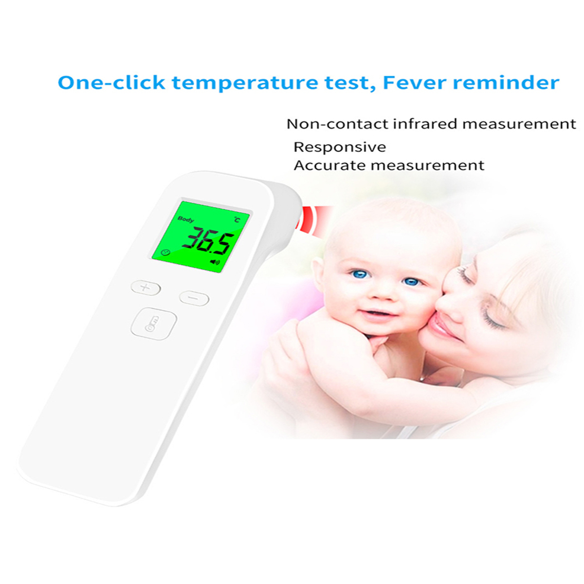 Ein weißes Thermometer mit grünem Display wird an einem Baby verwendet, das von einer Frau gehalten wird.