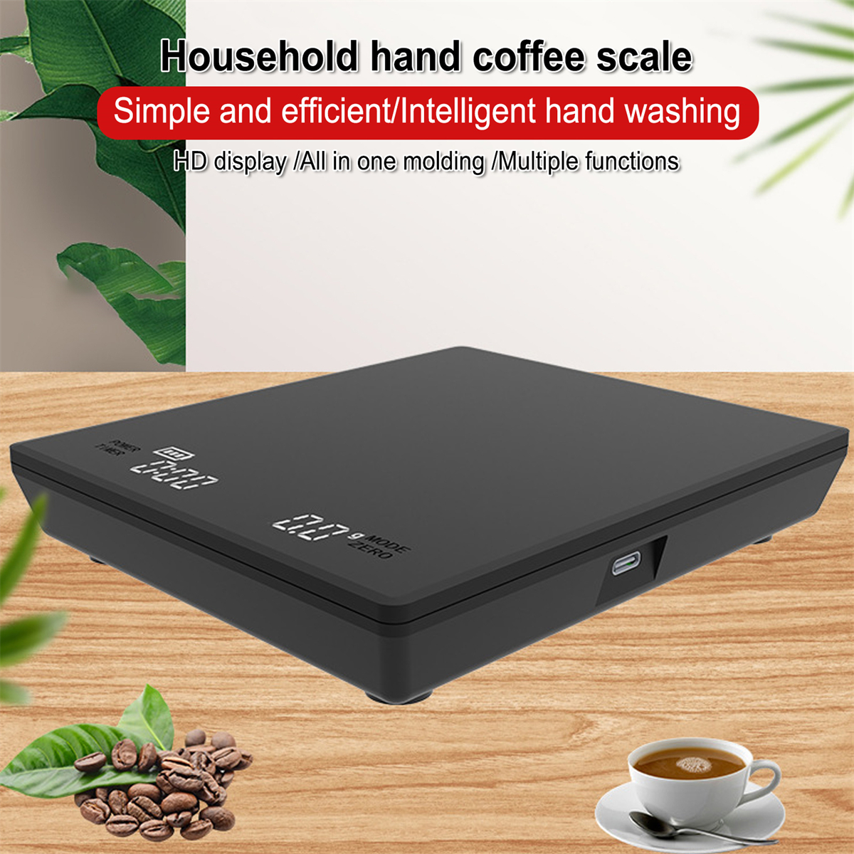 Eine schwarze Kaffeewaage mit Digitalanzeige. Zeigt Zahlen, Kaffeebohnen und eine Tasse Kaffee.