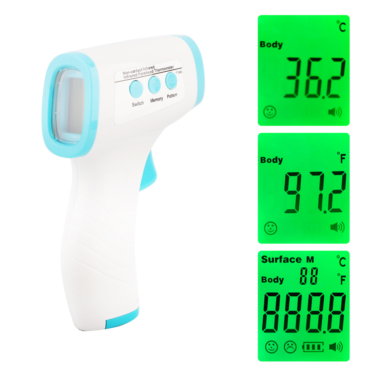 Ein berührungsloses Infrarot-Thermometer zeigt Körpertemperaturmesswerte an.