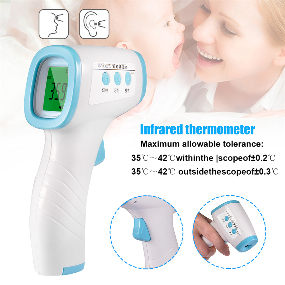 Infrarot-Thermometer mit Messwerten. Enthält Diagramme zur Verwendung und Text zu Toleranzniveaus.