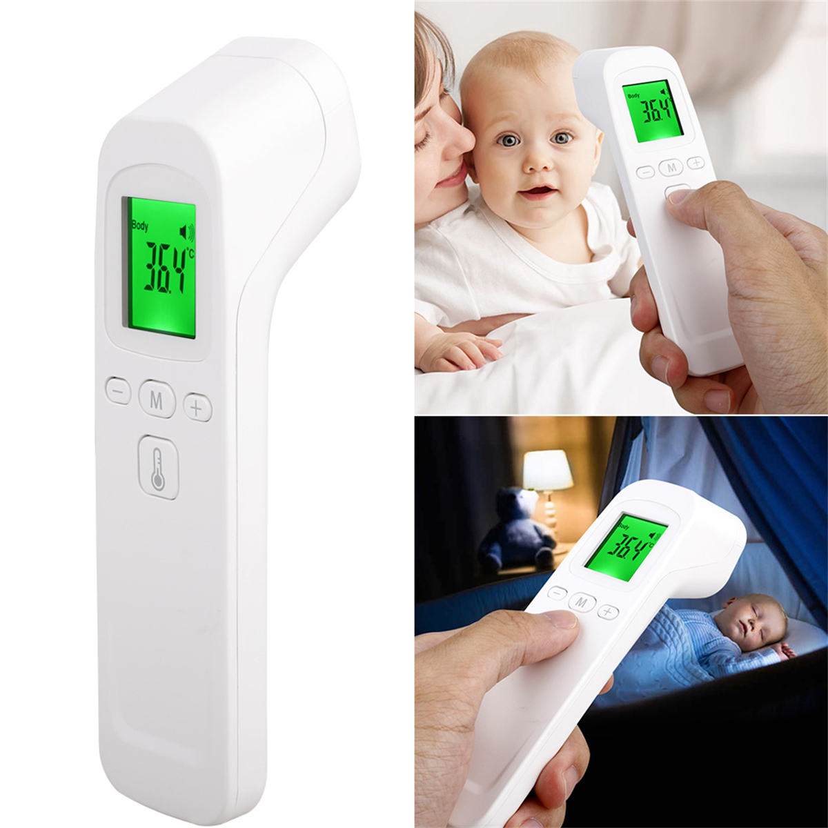 Ein weißes Infrarot-Thermometer mit digitaler Anzeige, die 36,4 Grad Celsius anzeigt. Mehrere Anwendungsszenarien.