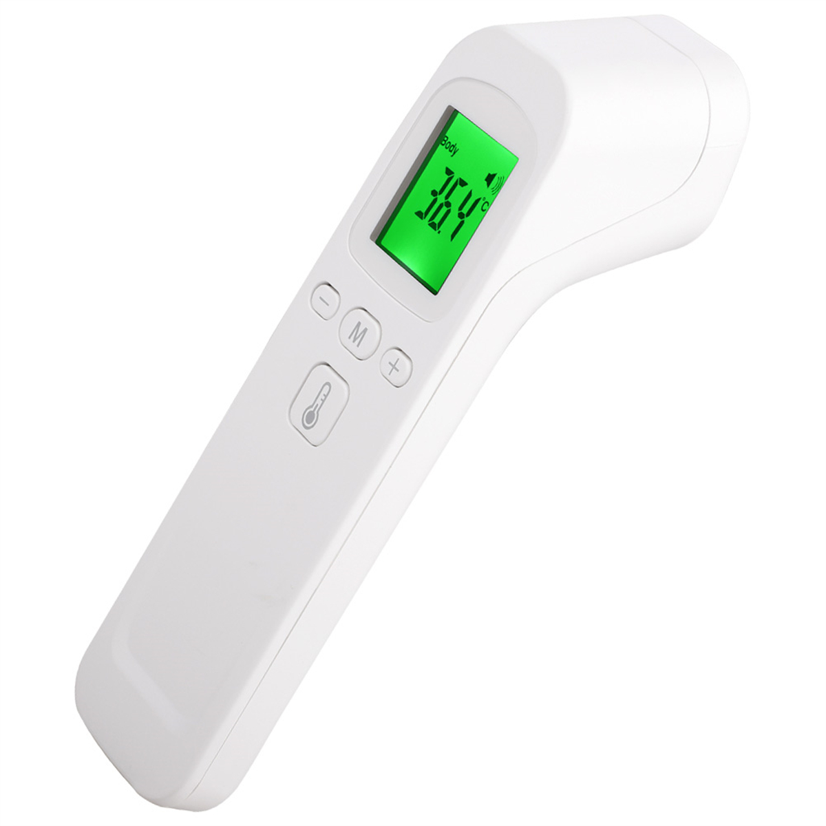 Weißes digitales Thermometer mit grünem Display, das 36,4 anzeigt. Es hat Tasten für Ein/Aus, Modus und Temperaturerhöhung.